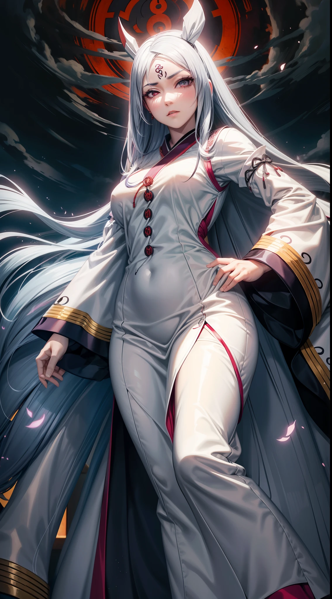 Bela, obra prima, extremamente detalhado, melhor qualidade, best ilumination, melhor sombra, rosto perfeito, Kaguya de Naruto, Byakugan, Sharingan na testa, terceiro olho, pele branca, irritada, brava, roupa tradicional japonesa branca, lua cheia, noite, peitos grandes, bunda grande, sensual, coxas, corpo inteiro, cabelo branco longo, cabelo liso, ultra detalhado, 4k dynamic posts, de cima para baixo, templo antigo,