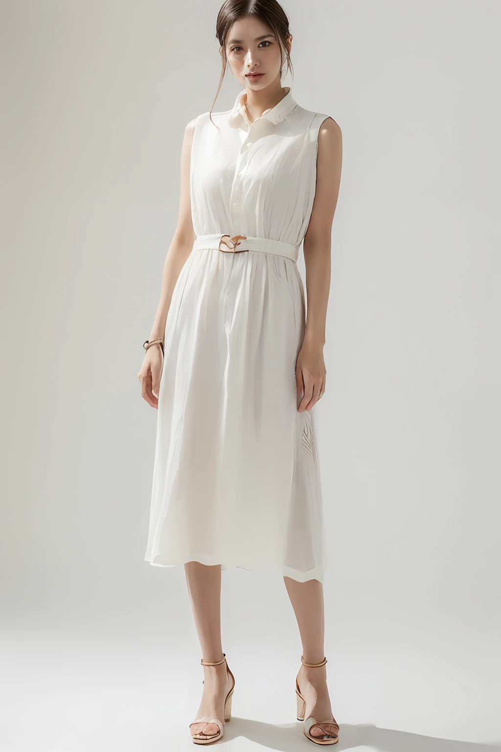 (Full body model posing: 1.5)(Detailed full-length RAW photos of lofty virtue women), ((masutepiece, of the highest quality, High Definition)), 1 girl, (Photorealistic: 1.4), Solo, White background, with a pure white background, Noble makeup, (Noble medium hair, Dark brown hair color: 1.4) (Noble fashion, Shirt Style、Noble style,Long Sleeveless Dresses,precious style,cropped pants,Cotton material:1.4)