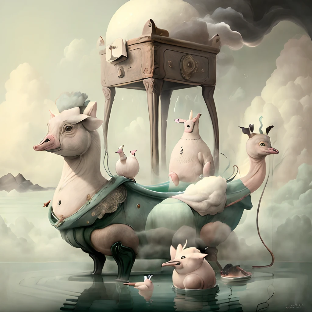 ((((higly detailed))))surrealism, minimalism,A goose and a pig are steaming in the bath