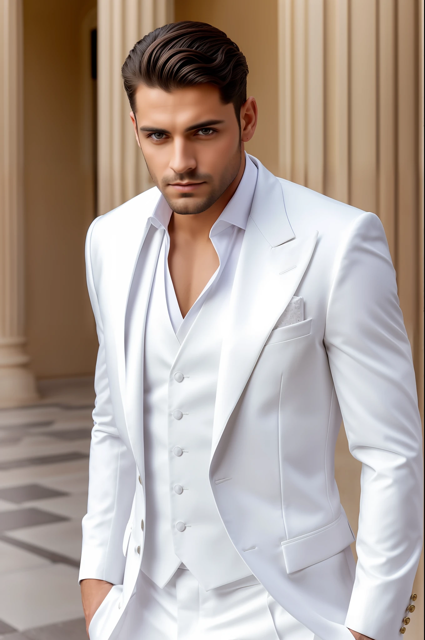 hombre de mediana edad, rico, millonario, apuesto, vestido con un traje blanco elegante, de pie, Hands back, mirada fija y de frente.