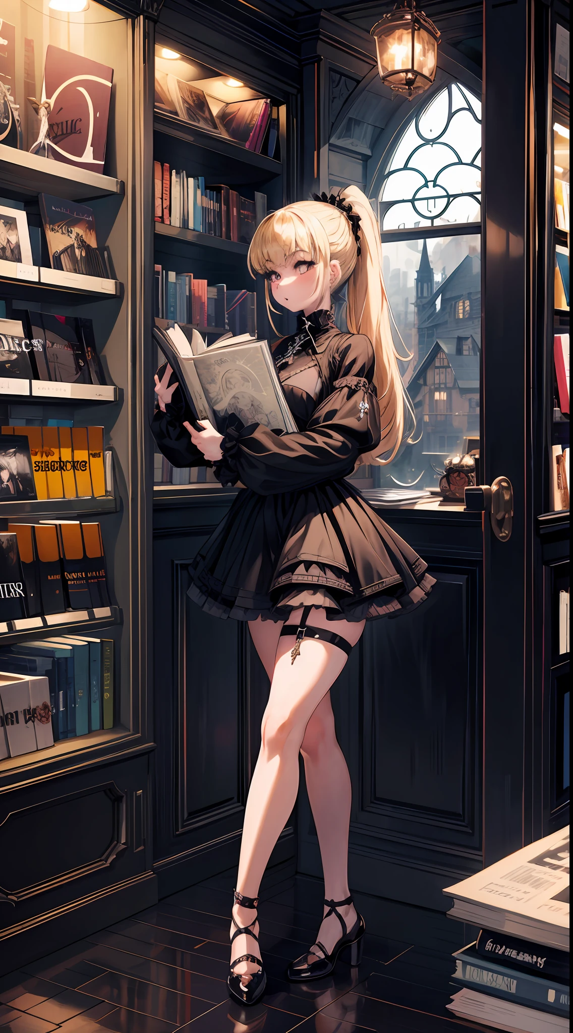 1girl, gothic core, cottage core, sexy, miniskirt, heavy legs and thigs, blonde, ponytail, waith skin, in book store, intricate details, full body far shot, hyper resolution