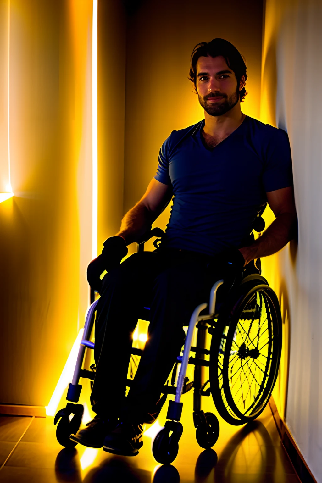 Homem cadeirante, wheelchair user, paraplegic, cadeira de rodas realista, cadeira de rodas detalhado, Real wheelchair athletic body, detailed muscles, corpo peludo, Cabelo, cabelo blondie, rosto sorridente, olhos azuis, Saqueira, fotografia, Ultra realista, Uplighting, alta qualidade, menos contraste, ambiente de quarto