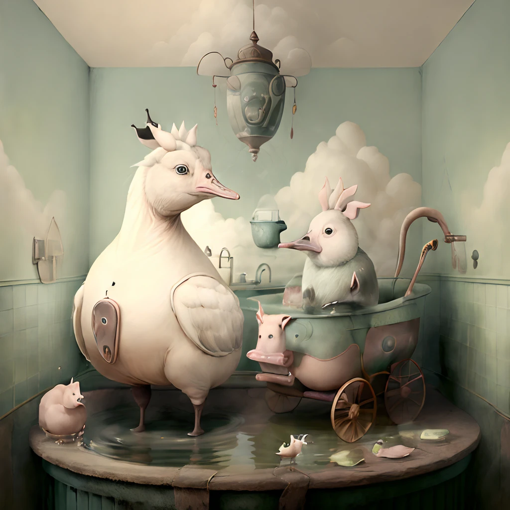 ((((higly detailed))))surrealism, minimalism,A goose and a pig are steaming in the bath