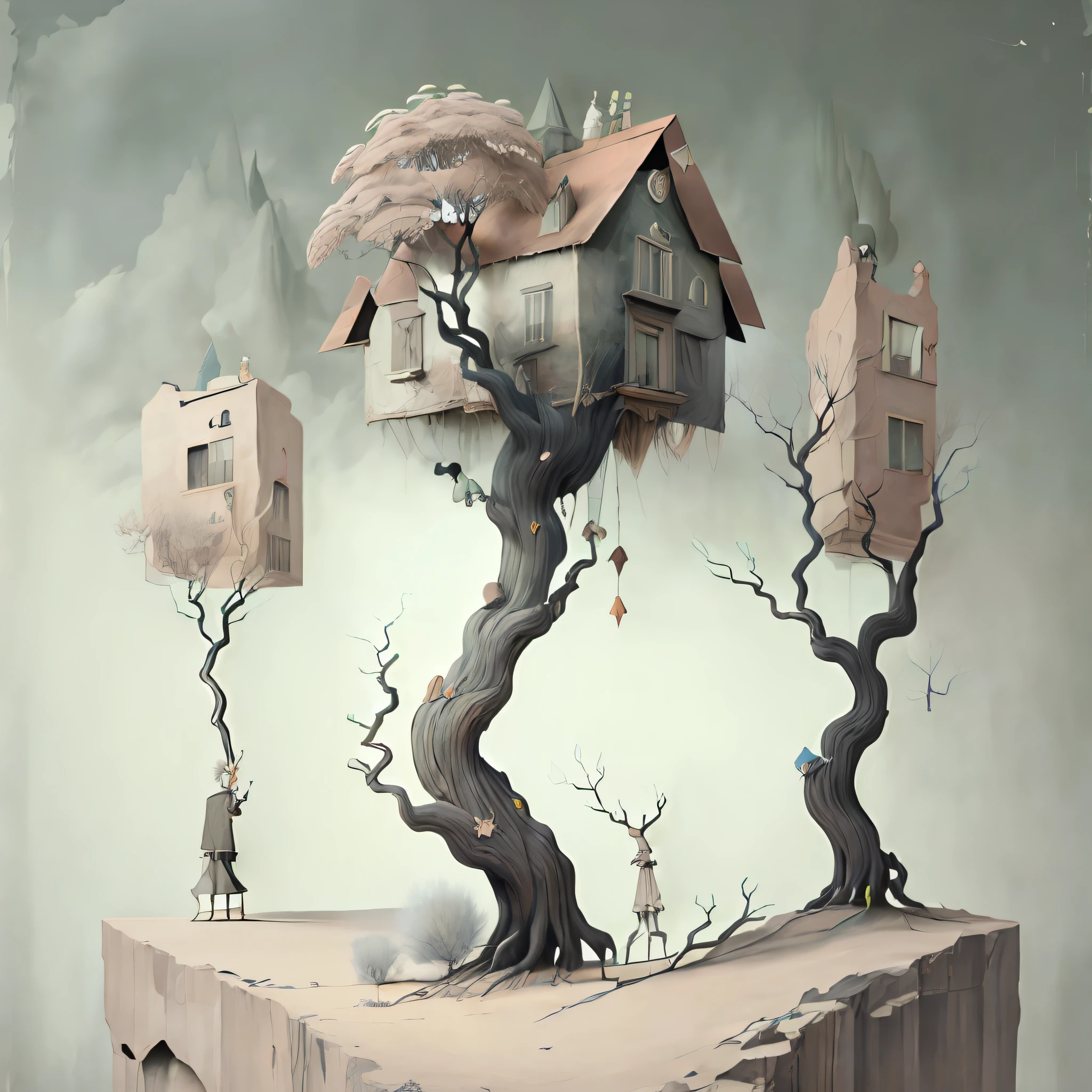((((higly detailed))))surrealism,minimalism,A homeless drunk grows a branch from a tree from his head