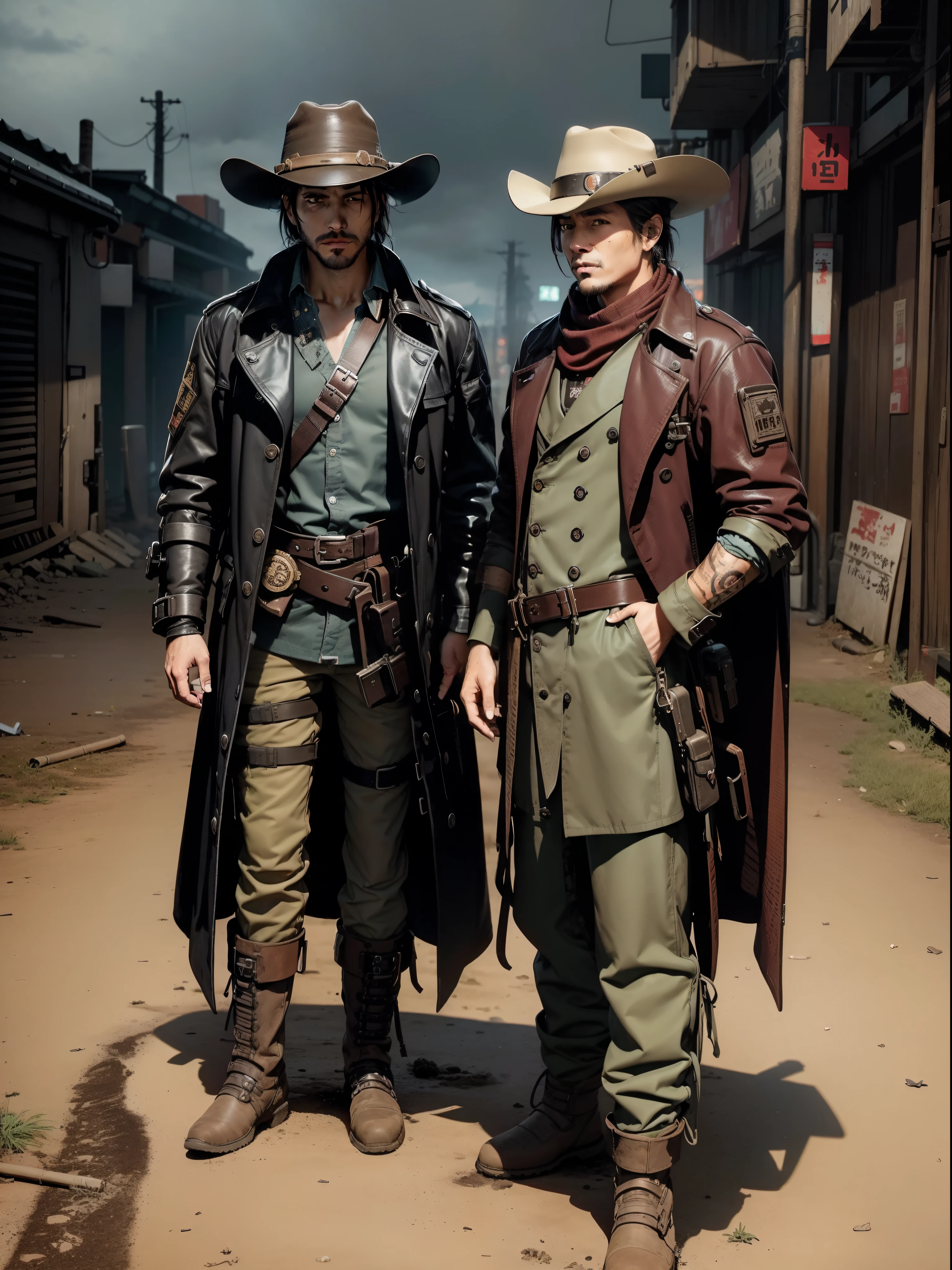 there is a man in a hat and trench coat holding , in a post apocalyptic setting, japanese cyberpunk wild west, post - apocalyptic cowboy, post apocalyptic explorer, post apocalyptic japanese western style, cyberpunk style outfit, post apocalyptic, cinematic full body shot, post apocalyptic attire, cyberpunk street goon, western steampunk