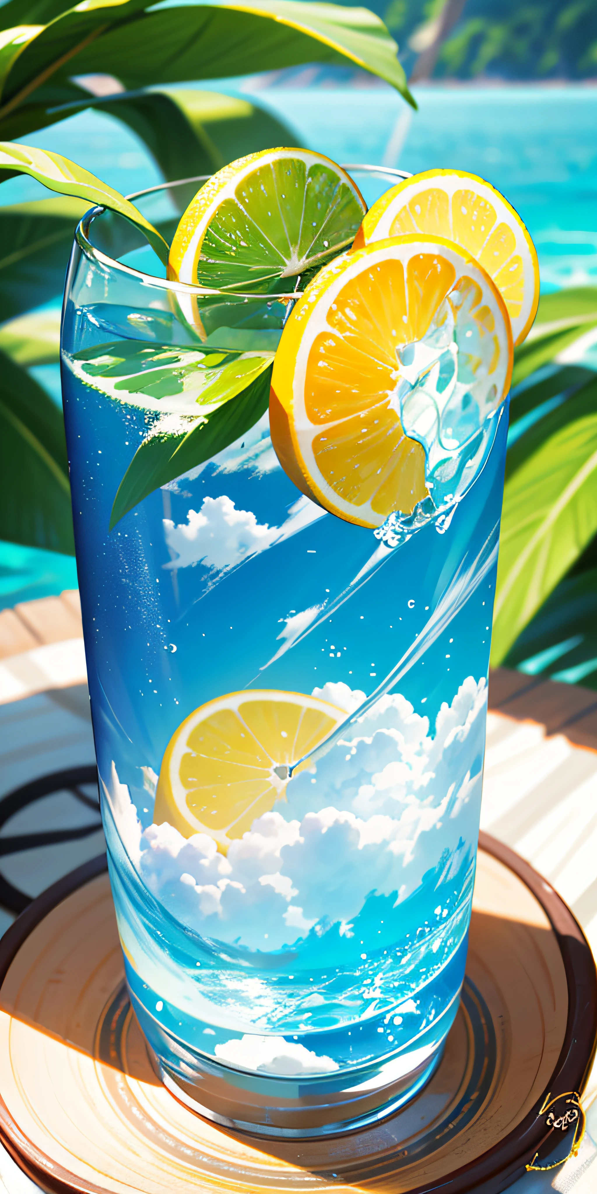 Using the right hand, macro photography depicts picnic scenes themed around a tropical beach holiday in summer. The protagonist of this photo is a cool glass filled with iced carbonated drinks. The lens focuses on glasses, fruit, dazzling midday sun, fisheye lenses, distant views, a hearty meal, (splashed liquid: 1.6), ice, (picnic scene: 0.5) (cute dessert: 0.4), dripping. It's filled with carbonated drinks, translucent liquid, daytime outdoor lights (beach 1.5), tropical plants, hot weather, HD detail, wet watermark, hyperdetail, cinematic, surrealism, soft light, deep field focus bokeh, ray tracing, diffuse (ultra-fine glass reflection), and surrealism.