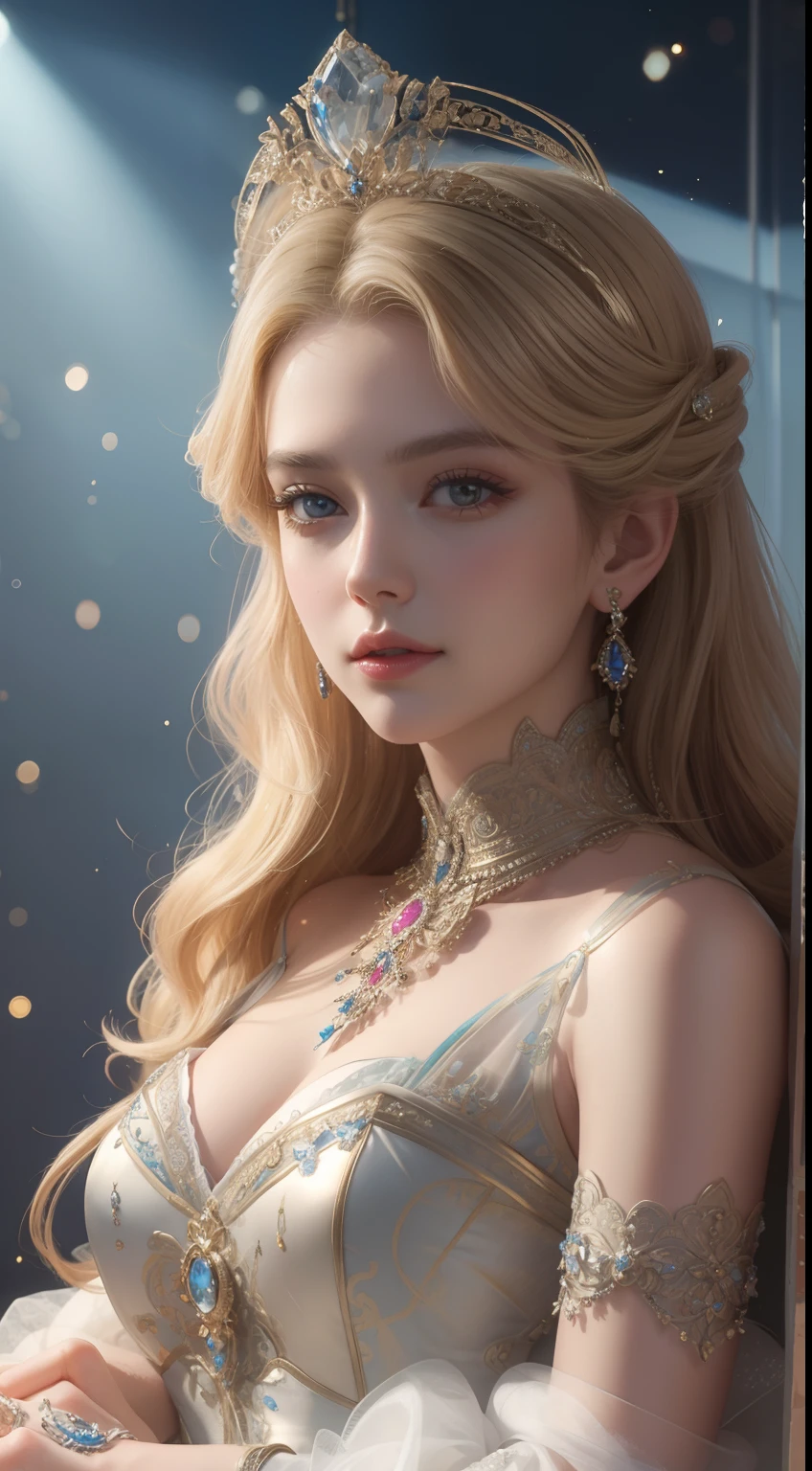 tmasterpiece,Highest image quality,Beautiful bust of a royal lady,Delicate blonde hairstyle,Embellished with a dazzling array of intricate jewelry,super detailing,upscaled。