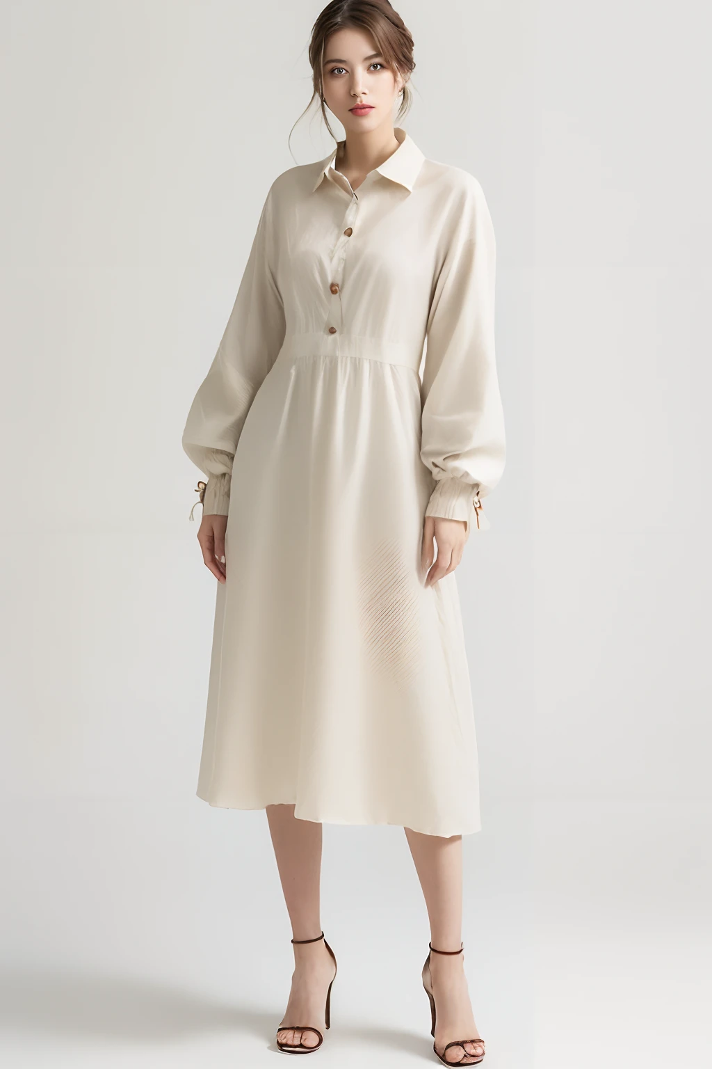 (Posing a full-body model: 1.5)(Detailed full-length RAW photos of women of lofty virtue), ((masutepiece, of the highest quality, High Definition)), 1 girl, (Photorealistic: 1.4), Solo, White background, with a pure white background, Noble makeup, (Noble medium hair, Dark brown hair color: 1.4) (Noble fashion, Shirt Style、Noble style,long-sleeved dresses,Precious style,cropped pants,Cotton material:1.4)