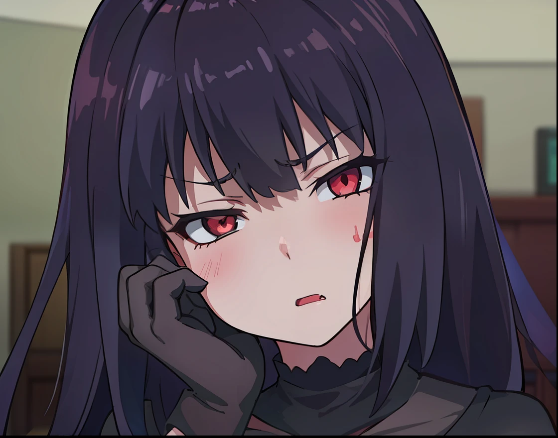 A  girl.  dark colored hair. red-eyes. Dark outfit. frowning face. slightly open mouth. gray bags under the eyes. A hand in a dark glove near the cheek