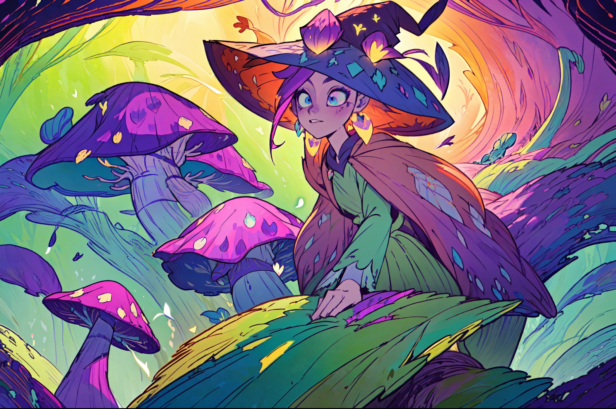 surreal estate,surrounded by sugary purple bramble,sharp details,dynamic view,
magical domaine,extremly vivid colors,slightly psychedelic,mushroom-like hat,sweet gaze,mysterious figure,large hat,breeze in the air(dynamic wind),welcoming,open door house(in bramble wall),candy trees,flowery wild nature,
fairytale aesthetic,hints of dark-fairytale,illustration,magicaly detailed,not-so-intricate,vibrant colors,energetic pulses,musical breeze(music notes flying around),bewitching view