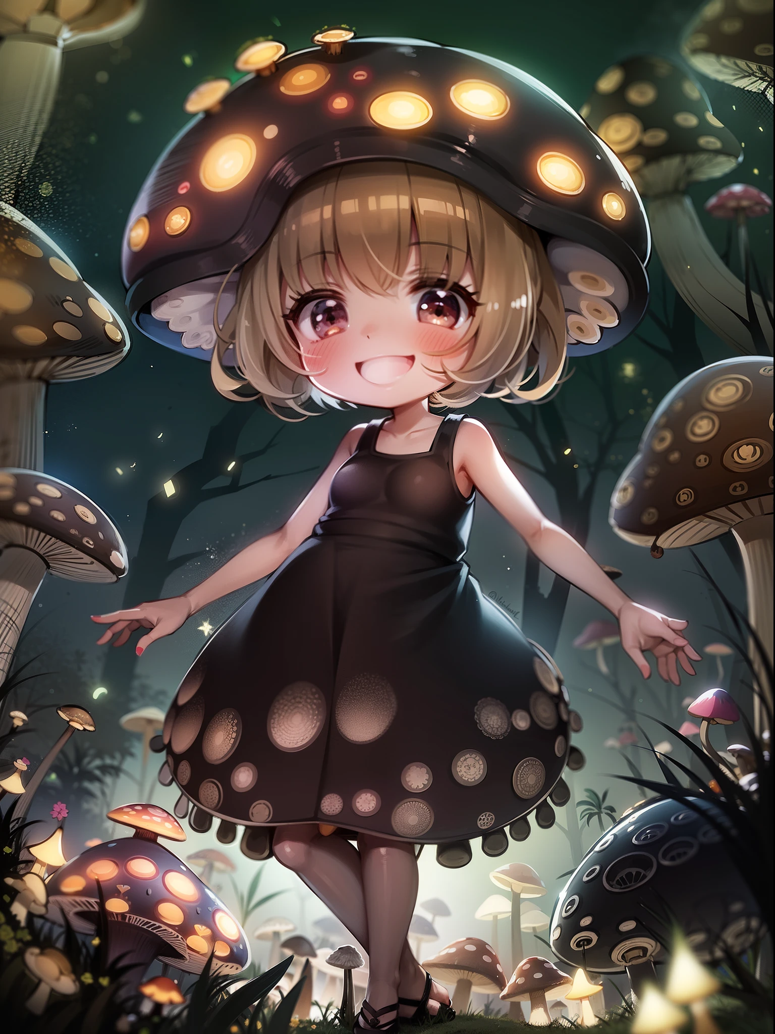 mushroom and girl, chibi, cute, big smile, dark room, glowing mushrooms, mushrooms + mushrooms + mushrooms + mushrooms + mushrooms, mushroom on head, from side, dancing