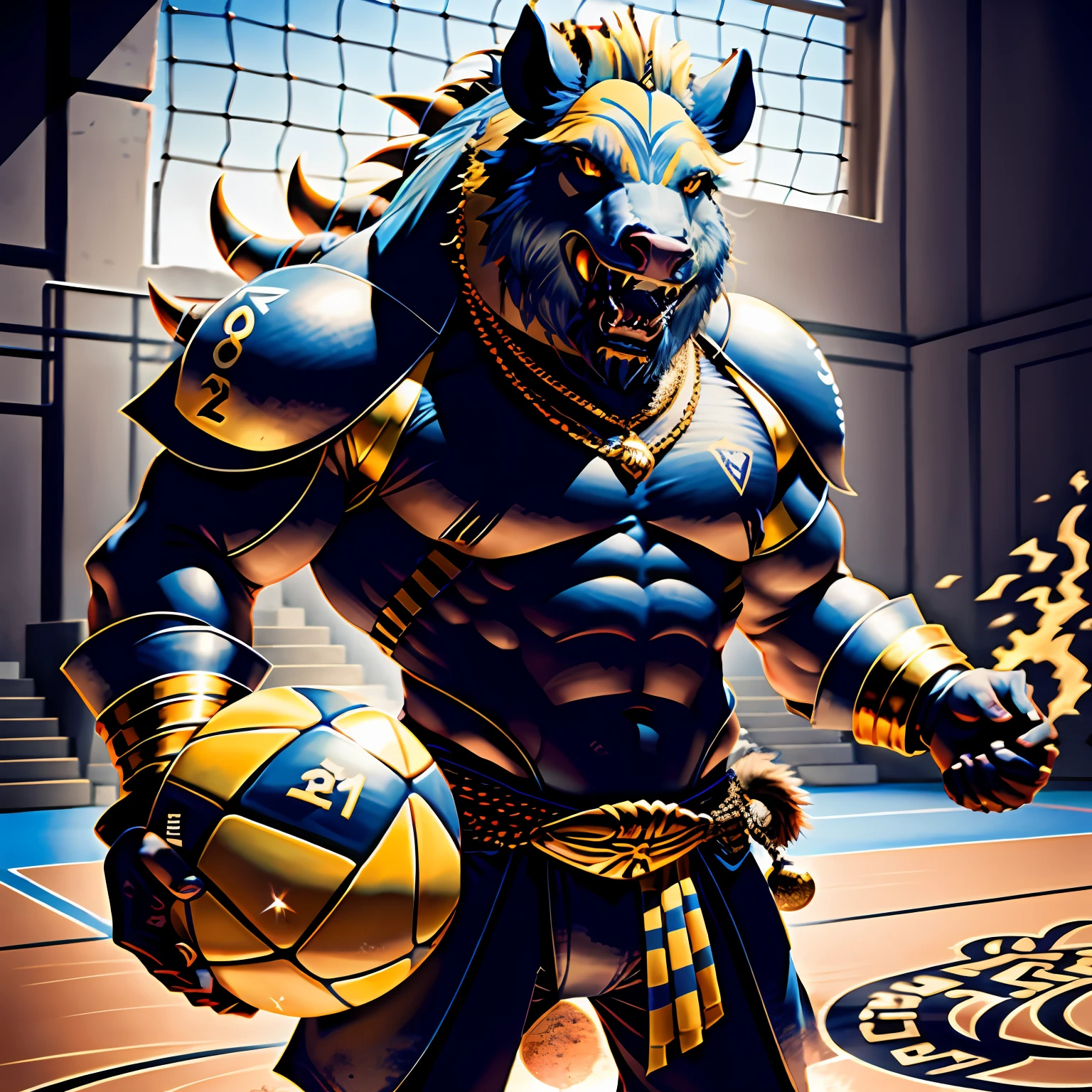 burly virile hairy man, with two wolf ears and a bushy tail, in a suit of armor, middle-aged, hirsute, overmuscular and musclebound, bulging veiny muscles, a warrior's build, a bodybuilder's physique, long bushy and a thick mustache, a square jaw, handsome and dreamy, grey hair, a gladiator in the arena