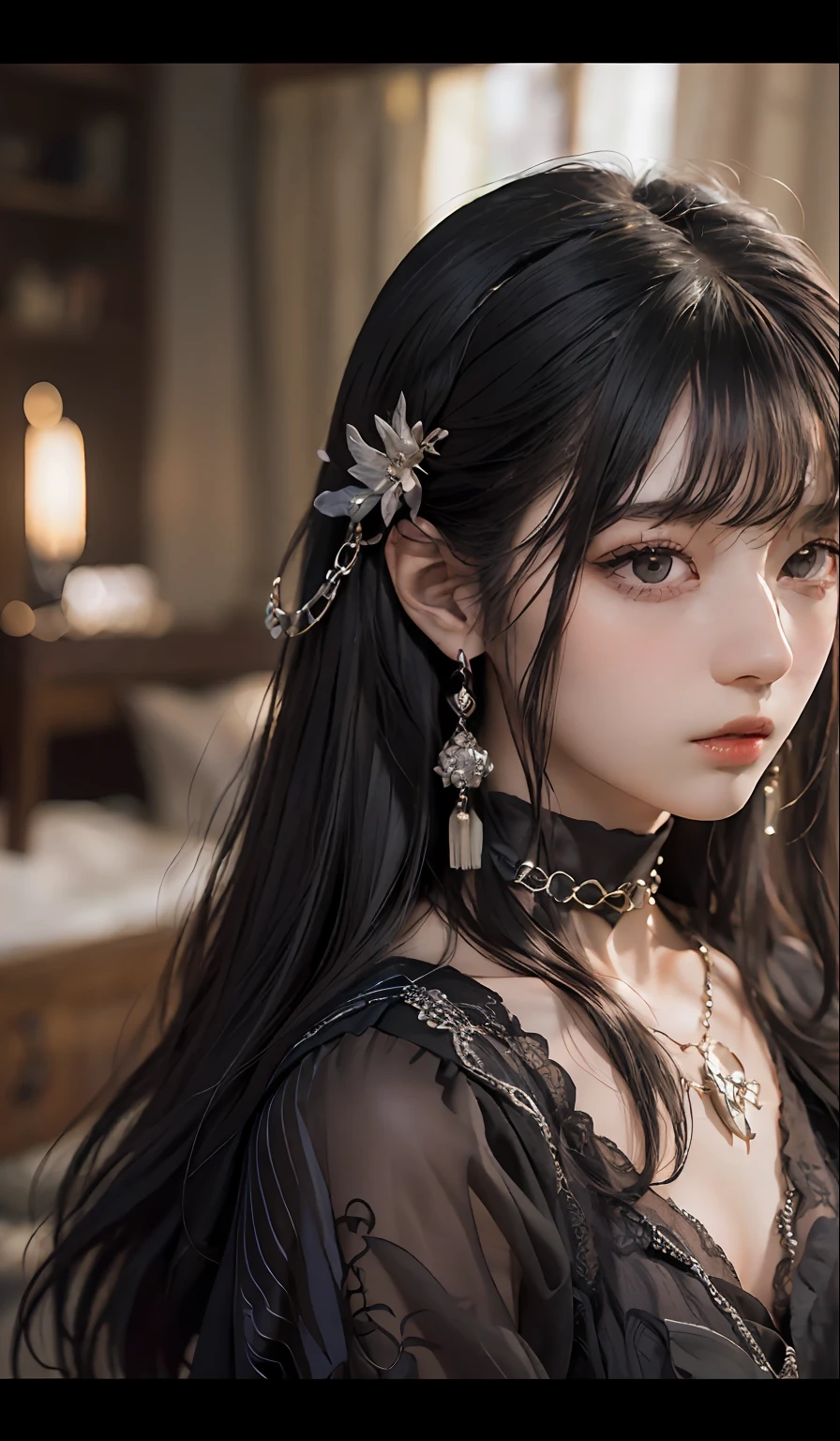 ((top-quality、masterpiece:1.3))、sharp:1.2、Perfect Body Beauty:1.1)、Highly detailed facial and skin texture、Detailed eye、Fantasia、(Pure black dress:1.3)、(chains:1.3)、二重まぶた、((Longhaire:1.5))、(dark brown hair)、(well-groomed bangs:1.2)、((One Woman))、fantasy castle、tying hair、Black Princess、darkened room、Darkness Falls、The Princess Who Turned Evil、Fallen into evil、Evil Princess、a necklace、Luxurious ornaments、
