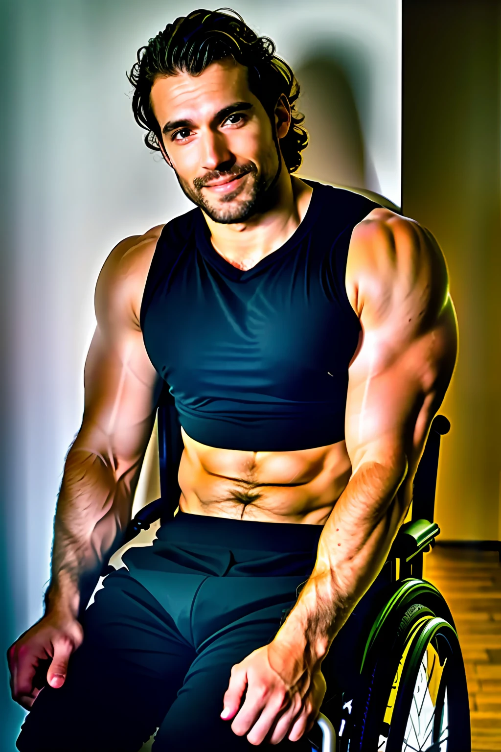 Homem cadeirante, wheelchair user, paraplegic, cadeira de rodas realista, cadeira de rodas detalhado, Real wheelchair athletic body, detailed muscles, corpo peludo, Cabelo, cabelo blondie, rosto sorridente, olhos azuis, Saqueira, fotografia, Ultra realista, Uplighting, alta qualidade, menos contraste, ambiente de quarto
