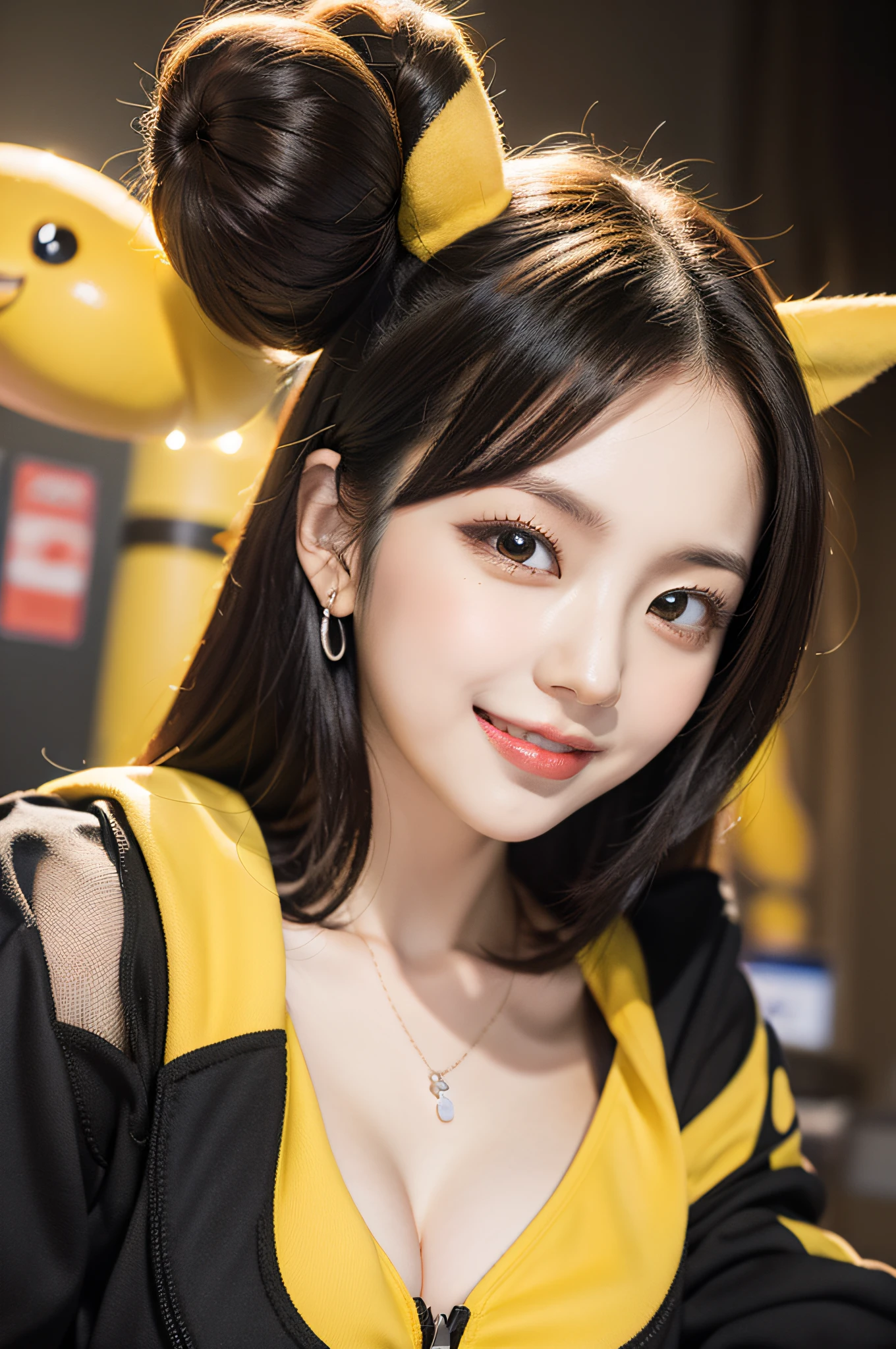 Create a hyper-realistic, High-definition video that captures the essence of idols, Eri Kamei, Cosplay as Pokémon Pikachu. The focus should be on her adorable and cute attitude, Complemented by Pikachu's iconic yellow and black colors. The image is、Must radiate the energy of a live concert or performance, Focusing on Eri Kamei. Make sure her teeth are white and shiny, In addition to her radiant smile. The background should be reminiscent of Pokémon Arena, With subtle hints of Pokémon balls and other Pokémon elements. Lighting should be dramatic, Emphasize her from the front, Cast soft shadows behind. The overall color palette should be vivid, Yellow predominates, Black, Eta、Subtle color tips for other Pokémon. The composition should be tight, Focus on her, Uses a high-resolution 16K camera with a 50mm lens, Ensuring every detail, From the texture of the cosplay costume to the nuances of facial expressions, is captured. Images must be in square format, Great for Instagram posts.
--ar1:1 - V 5.1 --Style raw --Q 2 --S 750