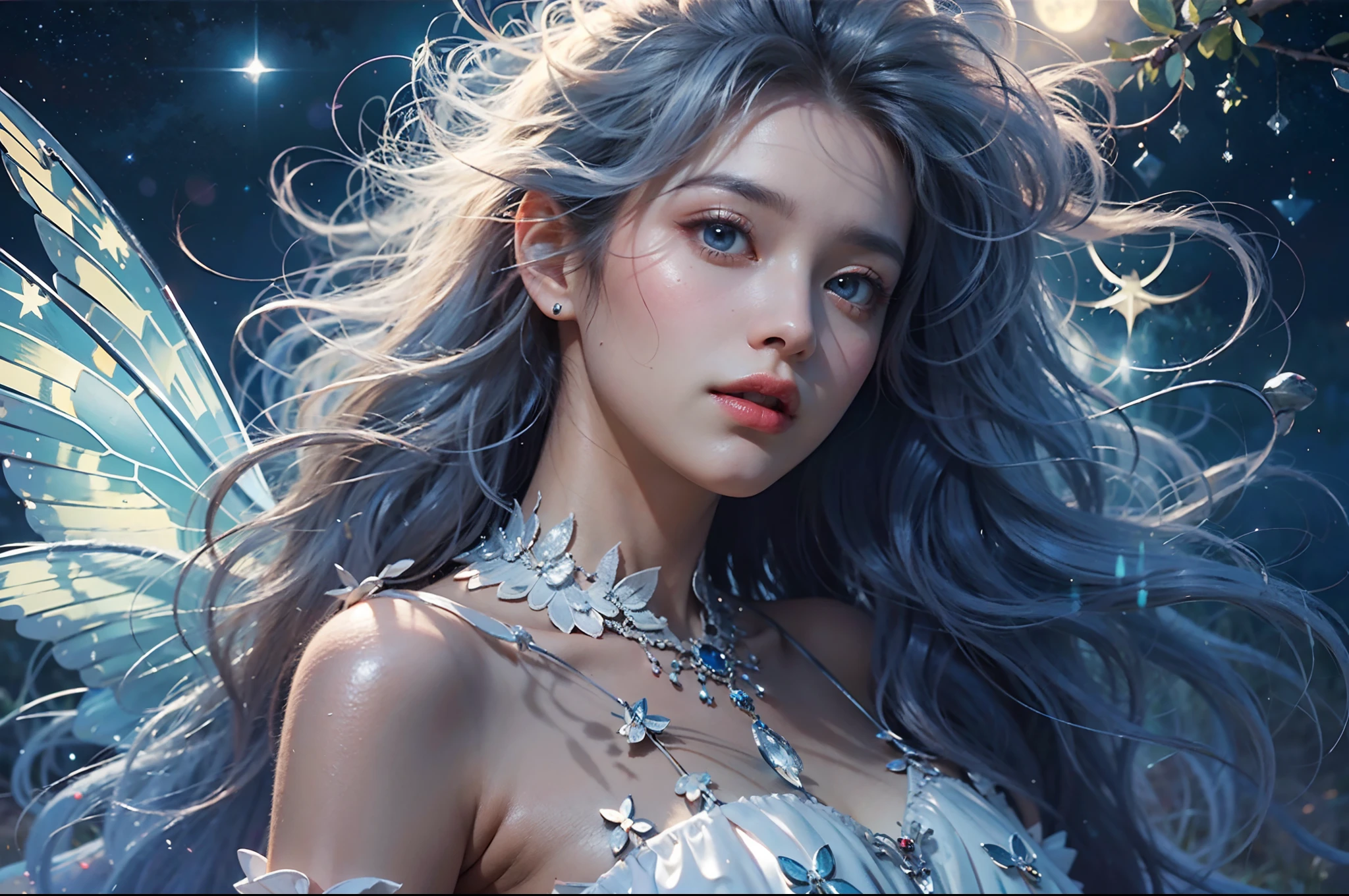 ((((masterpiece, best quality, high resolution)))), Extremely detailed 8K, (ultra detailed), full body, ultra wide shot, photorealism, fantasy art, D&D art, a picture of an exquisite beautiful fairy woman flying at starry night sky at the forest, dynamic angle (ultra detailed, Masterpiece, best quality), ultra detailed face (ultra detailed, Masterpiece, best quality), ultra feminine, fare skin, azure hair, wavy hair, dynamic eyes color, glowing eyes, intense eyes, wearing white dress, elegant silk dress (ultra detailed, Masterpiece, best quality), having butterfly wings (ultra detailed, Masterpiece, best quality), wearing high heeled boots, sky full of stars background, moon,