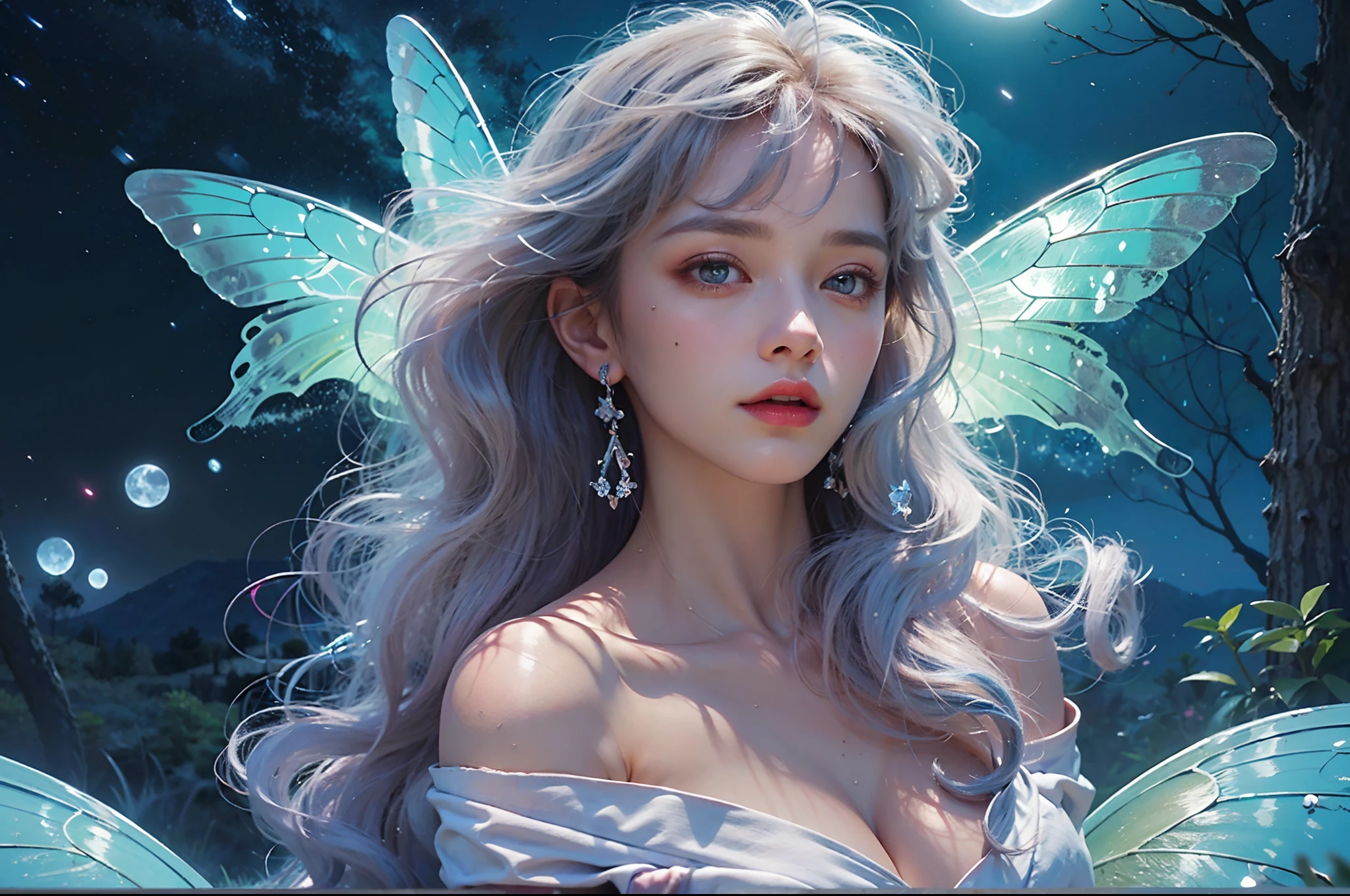 ((((masterpiece, best quality, high resolution)))), Extremely detailed 8K, (ultra detailed), full body, ultra wide shot, photorealism, fantasy art, D&D art,  a picture of an exquisite beautiful fairy woman flying at starry night sky at the forest, dynamic angle (ultra detailed, Masterpiece, best quality), ultra detailed face (ultra detailed, Masterpiece, best quality), ultra feminine, fare skin, azure hair, wavy hair, dynamic eyes color, glowing eyes, intense eyes,  wearing white dress, elegant silk dress (ultra detailed, Masterpiece, best quality), having butterfly wings (ultra detailed, Masterpiece, best quality), wearing high heeled boots, sky full of stars background, moon,