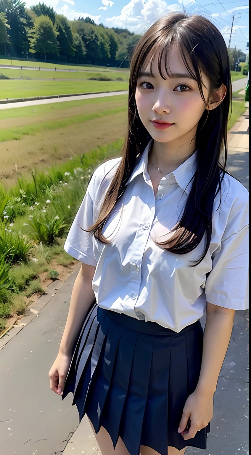 (masterpiece:1.3, Highest quality, Ultra-high resolution, Very detailed), (Realistic:1.1, photoRealistic:1.4), Beautiful illustrations, Perfect lighting, colorful, Written boundary depth, Beautiful detailsまでこだわった髪, Beautifully detailed face, Beautiful details, Beautiful clavicle, Beautiful body, Beautiful breasts, Beautiful thighs, Beautiful legs, Beautiful fingers, View your audience, 1 girl, Japanese, high school girl, Perfect Face, (Perfect Anatomy, Anatomically correct), Cute and symmetrical face, Baby Face, Sunburn, Glowing Skin, (Mid-length hair:1.5, Twin tails:1.2, blonde), Asymmetrical bangs, blue eyes, Long eyelashes, (Mid-chest), thin, ((Collared short-sleeved shirt, Light blue shirt, , Grey plaid pleated skirt, To the Navy)), No pants, (Beautiful views), evening, (Outdoor, distant cityscape), Are standing, (peace sign), (Cute Smile, 鬠红、Upward glance, Open your mouth), (Open Girl'Cat:1.3), hour々squat:1.2,Put your finger in your pussy:1.5,