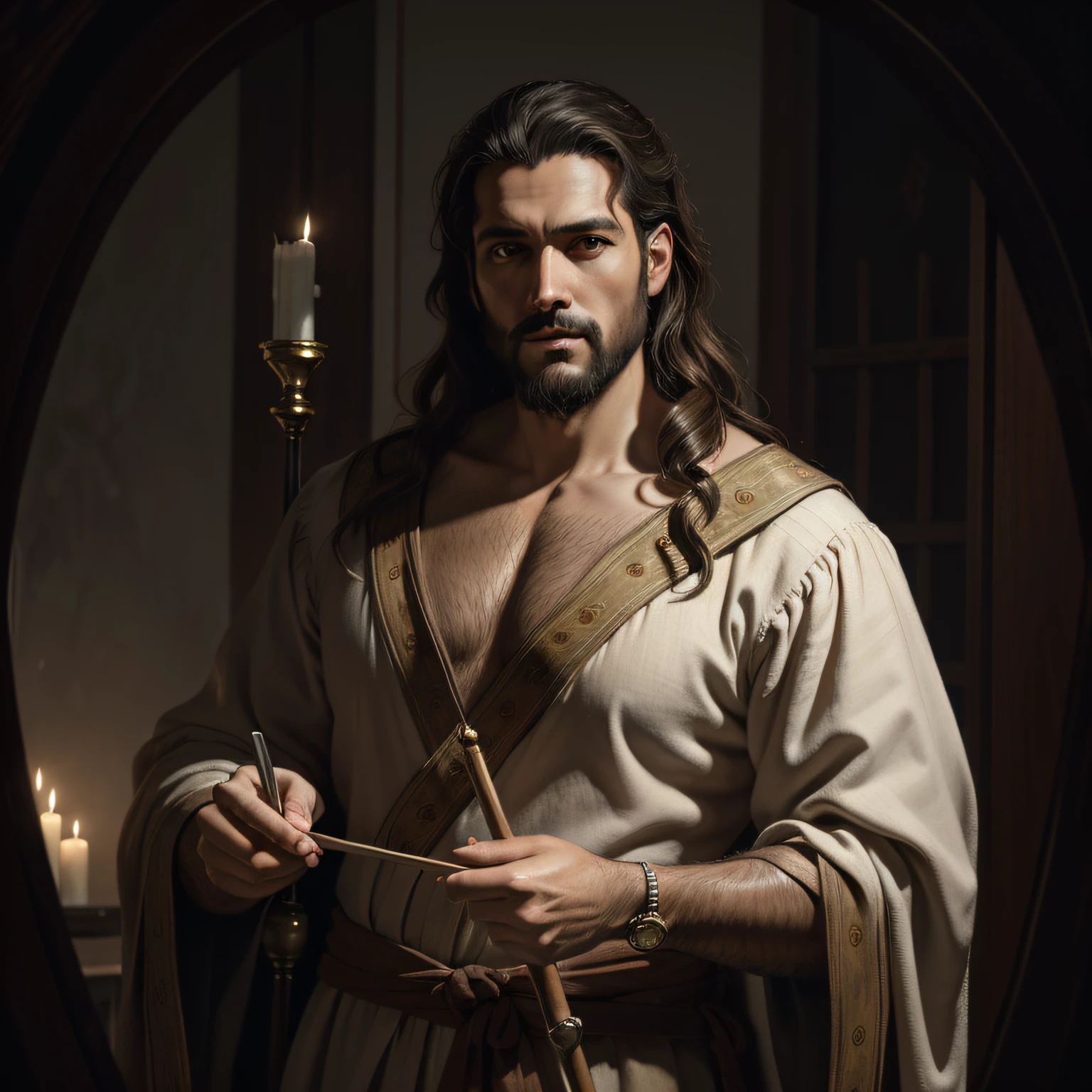 Um lindo retrato realista ultrafino de Jesus , o profeta, um homem 33 anos Hebreu moreno, curto cabelos castanho, longa barba castanho,with staff in hand, wearing a long linen tunic closed at the chest , apontando o dedo para frente, em vista frontal, corpo inteiro, biblical, realista,by Diego Velázquez,Peter Paul Rubens,Rembrandt ,Alex Ross,8k, Concept Art, PhotoRealistic, Realistic, Illustration, Oil Painting, Surrealism, HyperRealistic, brush brushes, Arte digital, estilo, aquarela