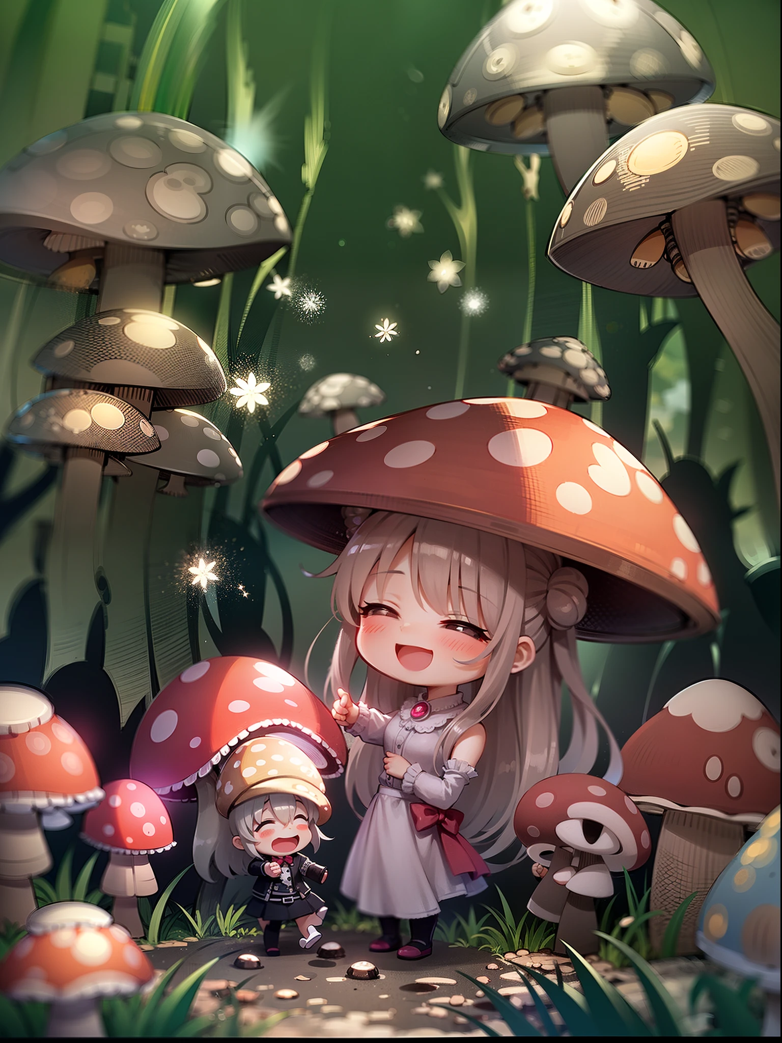 mushroom and girl, chibi, cute, big smile, dark room, glowing mushrooms, mushrooms + mushrooms + mushrooms + mushrooms + mushrooms, mushroom on head, from side, dancing