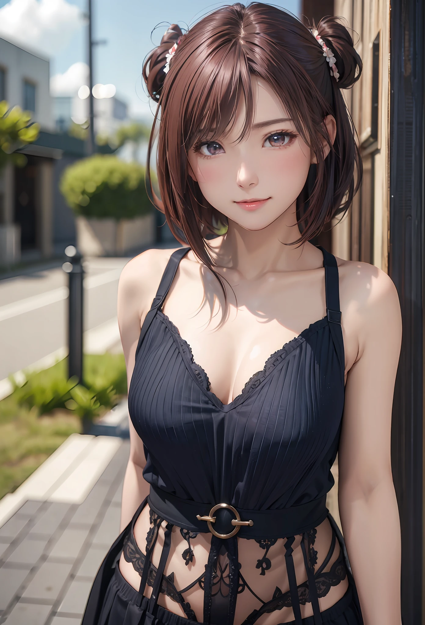(8K、Photorealsitic、Raw photography、top-quality: 1.3)、(1girl in)、Super beauty、(Real Face)、(boyish、Berry shorthair in natural color)、T-shirt with open chest、Entice your audience、Beautiful expression、Beautiful breasts、Lover's perspective、（real looking skin）、beautiful smiling face、（soldier）、enticing、超A high resolution、A hyper-realistic、high-detail、hanikami