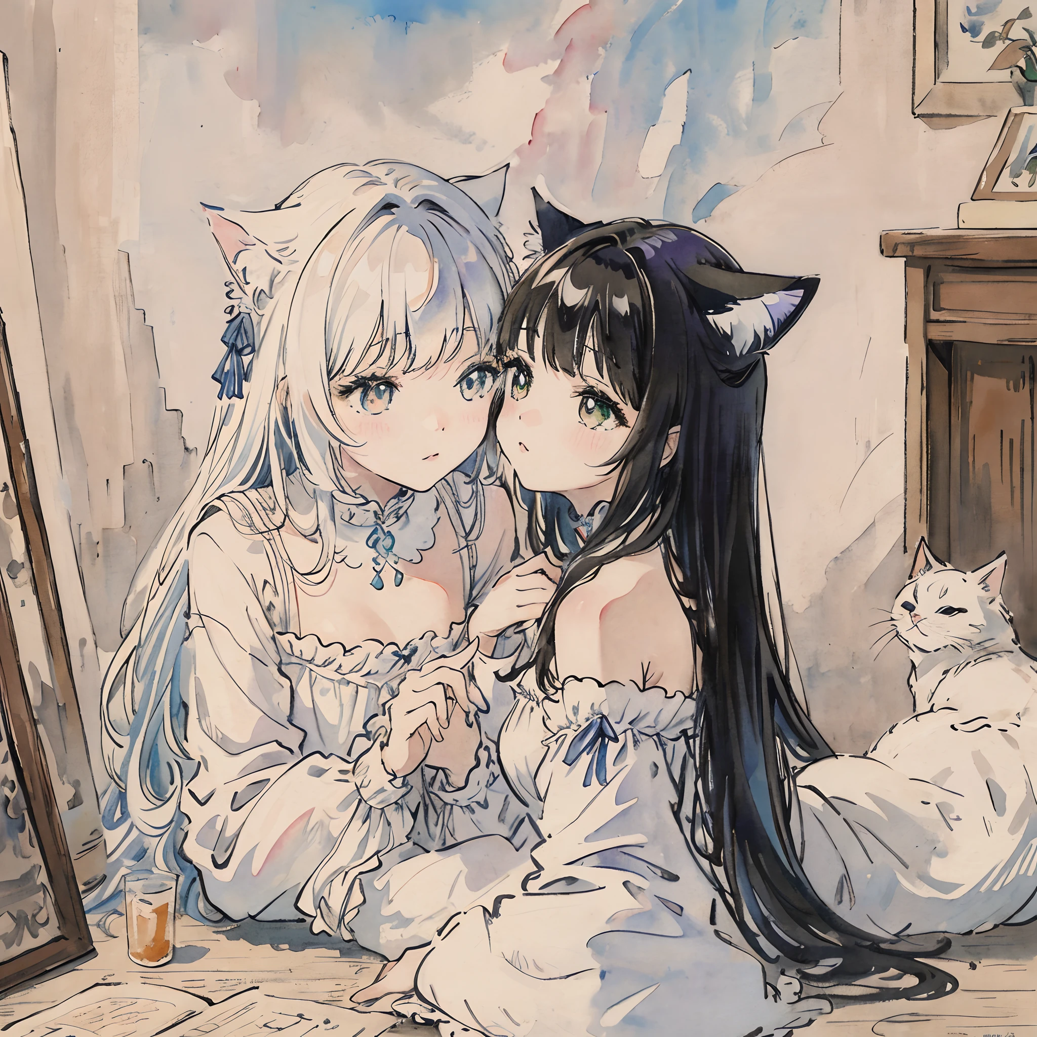 （（（With cats（Cute cat１、５））（（​masterpiece、top-quality、Very delicate and beautiful girl、extremely delicate and beautiful、world masterpiece theater１、２）、Ultra-fine、top-quality、white  hair（（rainbow-colored hair１、２））、Hi-Res、Very elaborate、girl with、top-quality、illustratio、watercolor paiting、