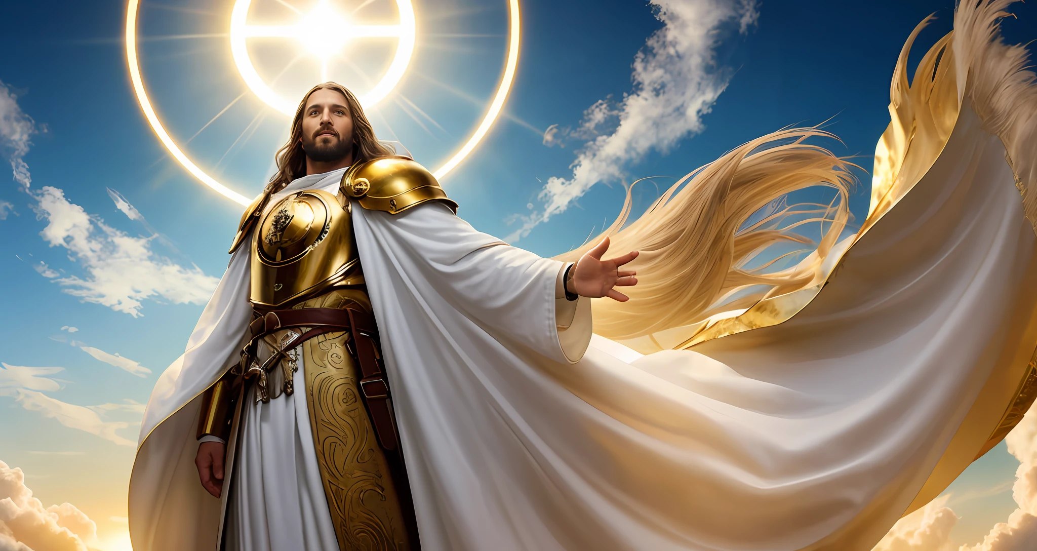 Jesus Second Coming into Heaven, rosto como o sol do meio dia, coroa, a tunic and a breastplate of gold, o cabelo castanho, olhos como chamas de fogo, the feet as refined bronze in the furnace, sorriso leve, surrealismo, retroiluminação, cinematic lighthing, alta qualidade, detalhes elevados, melhor qualidade