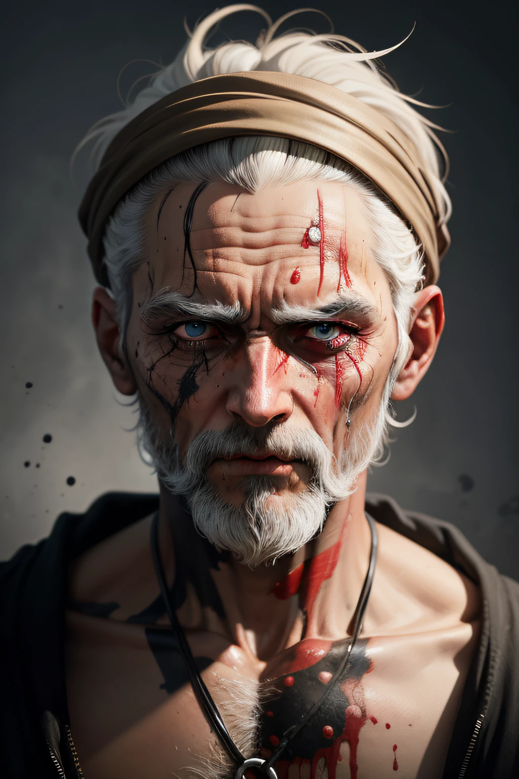 Close up character inspired by diogenes bruised, bleeding and dying black eyes