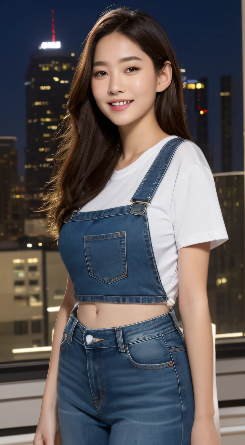 ((Midnight, acura, 8K, Masterpiece: 1.3)), s whole body, Long leg, Focal Length: 1.2, Perfect Body Beauty: 1.4, Slim Abs: 1.1, ((Dark-brown hair, Big breasts: 1.2 )), (White Skinny T-shirt, Denim suspenders, Standing: 1.2), ((Night in the City, roof: 1.3)), Highly detailed face and skin texture, Detailed Eyes, Double eyelids, s whole body, standing, seductive smile smugly