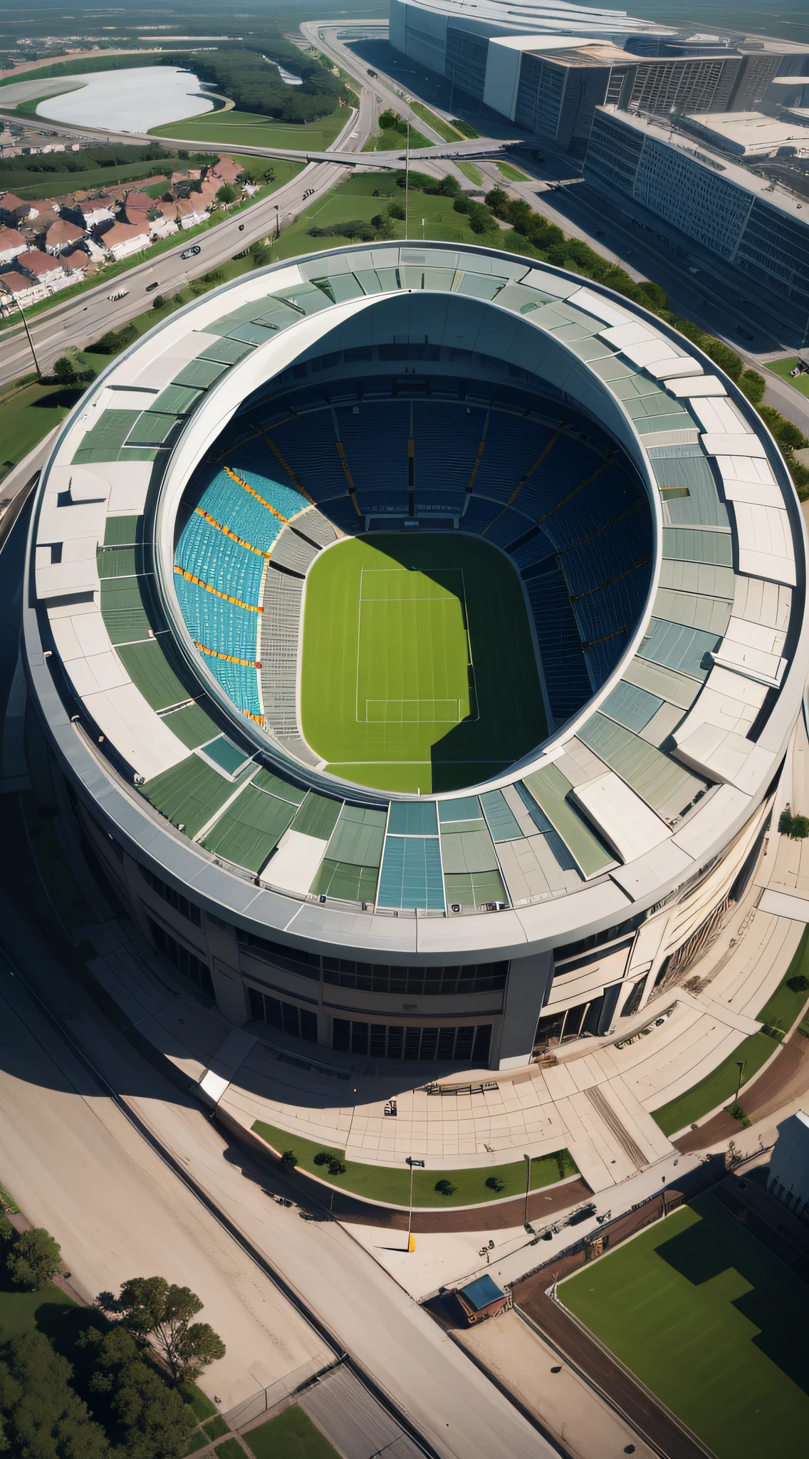 Create a football stadium for the year 2124, stadium for the club BORUSSIA , com cores do clube, realista, tem ser muito moderno e futurista, 8k, a imagem dever se vista do alto, "arte digital" e "fotorrealista". como se fosse filmado por um Drone, virtual, imagem 9x16, tons suaves, detalhes insanos, detalhes intrincados, hiperdetalhados, baixo contraste, soft  Cinematic Light, cores escuras, exposure blending, hdr, desbotado, slate grey atmosphere, DIGITAL