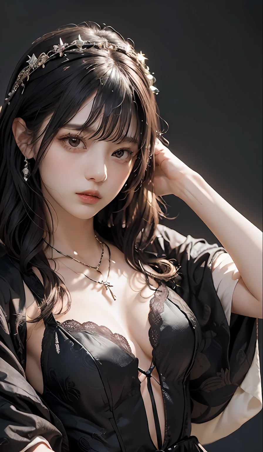 ((top-quality、masterpiece:1.3))、sharp:1.2、Perfect Body Beauty:1.1)、Highly detailed facial and skin texture、Detailed eye、Fantasia、(Pure black dress:1.3)、(chains:1.3)、二重まぶた、((Longhaire:1.5))、(dark brown hair)、(well-groomed bangs:1.2)、((One Woman))、fantasy castle、tying hair、Black Princess、darkened room、Darkness Falls、The Princess Who Turned Evil、Fallen into evil、Evil Princess、a necklace、Luxurious ornaments、