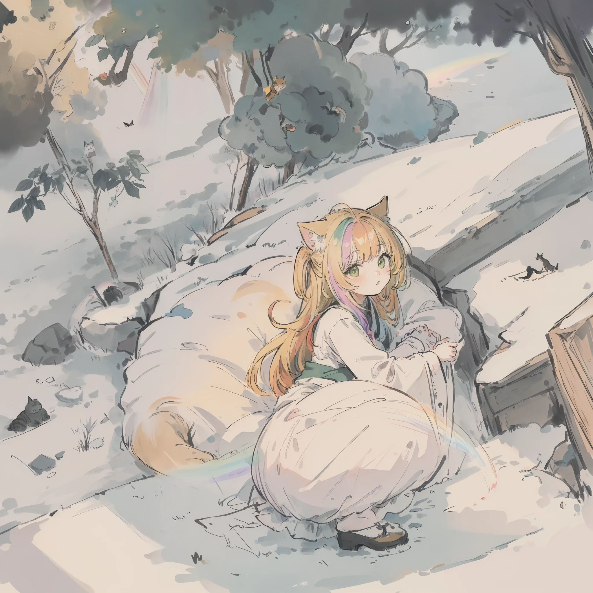 Cats((Take a cute cat 1.5))、((Best quality1.2))、((masterpiece))、a blond((rainbow-colored hair))、in woods、I have a cute cat、Hachiwale