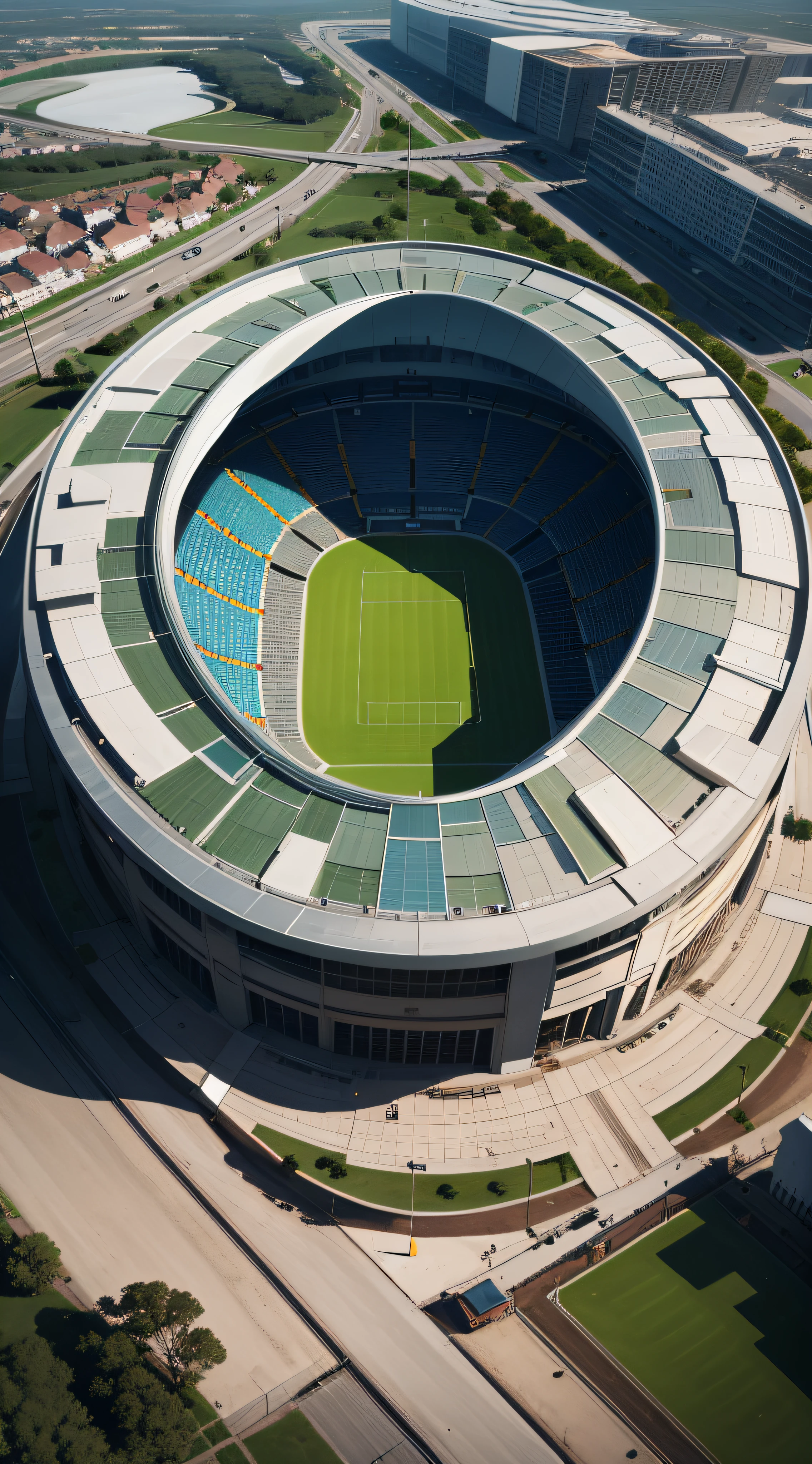 Create a football stadium for the year 2124, stadium for the club BORUSSIA , com cores do clube, realista, tem ser muito moderno e futurista, 8k, a imagem dever se vista do alto, "arte digital" e "fotorrealista". como se fosse filmado por um Drone, virtual, imagem 9x16, tons suaves, detalhes insanos, detalhes intrincados, hiperdetalhados, baixo contraste, soft Cinematic Light, cores escuras, exposure blending, hdr, desbotado, slate grey atmosphere, DIGITAL