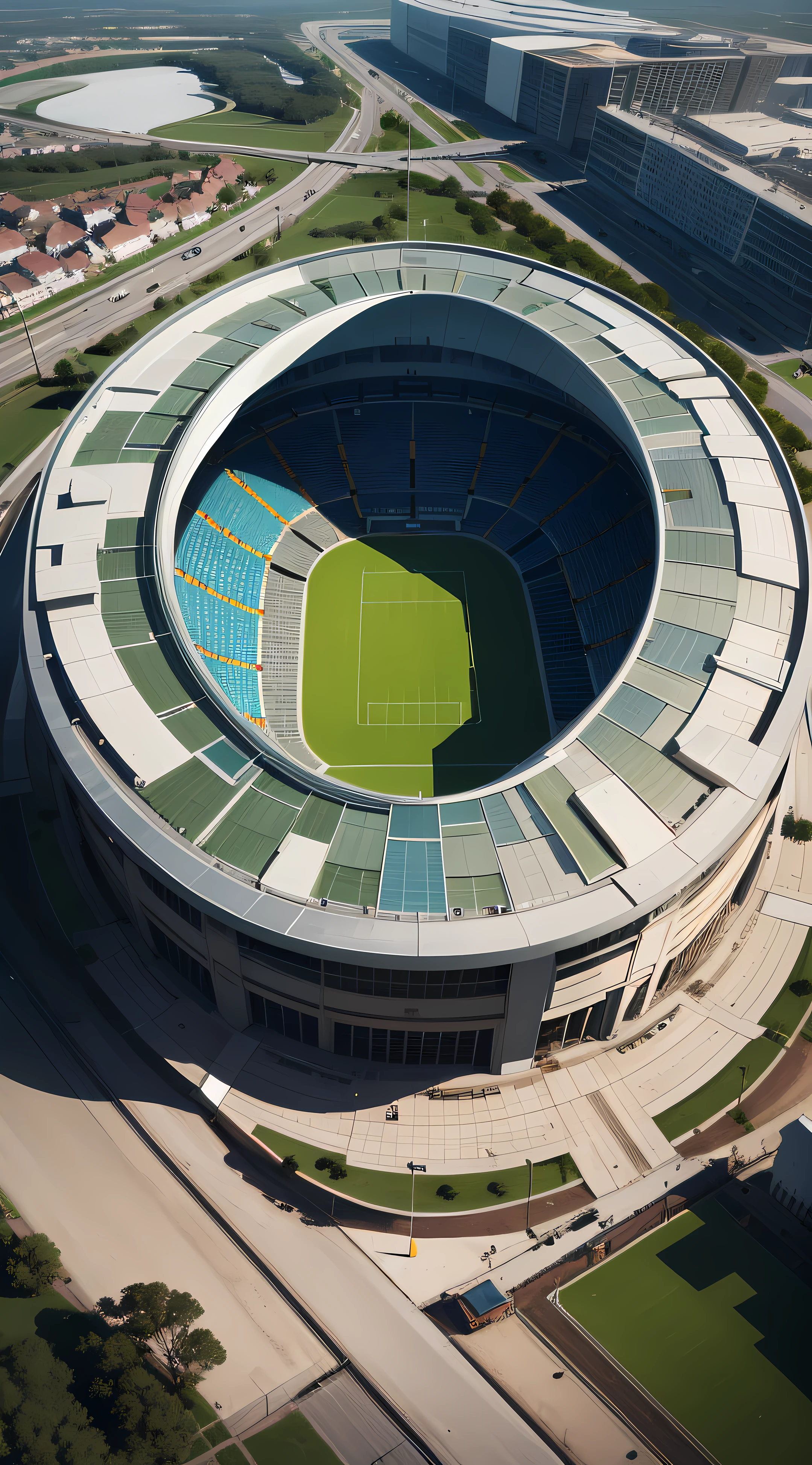 Create a football stadium for the year 2124, stadium for the club BORUSSIA , com cores do clube, realista, tem ser muito moderno e futurista, 8k, a imagem dever se vista do alto, "arte digital" e "fotorrealista". como se fosse filmado por um Drone, virtual, imagem 9x16, tons suaves, detalhes insanos, detalhes intrincados, hiperdetalhados, baixo contraste, soft Cinematic Light, cores escuras, exposure blending, hdr, desbotado, slate grey atmosphere, DIGITAL