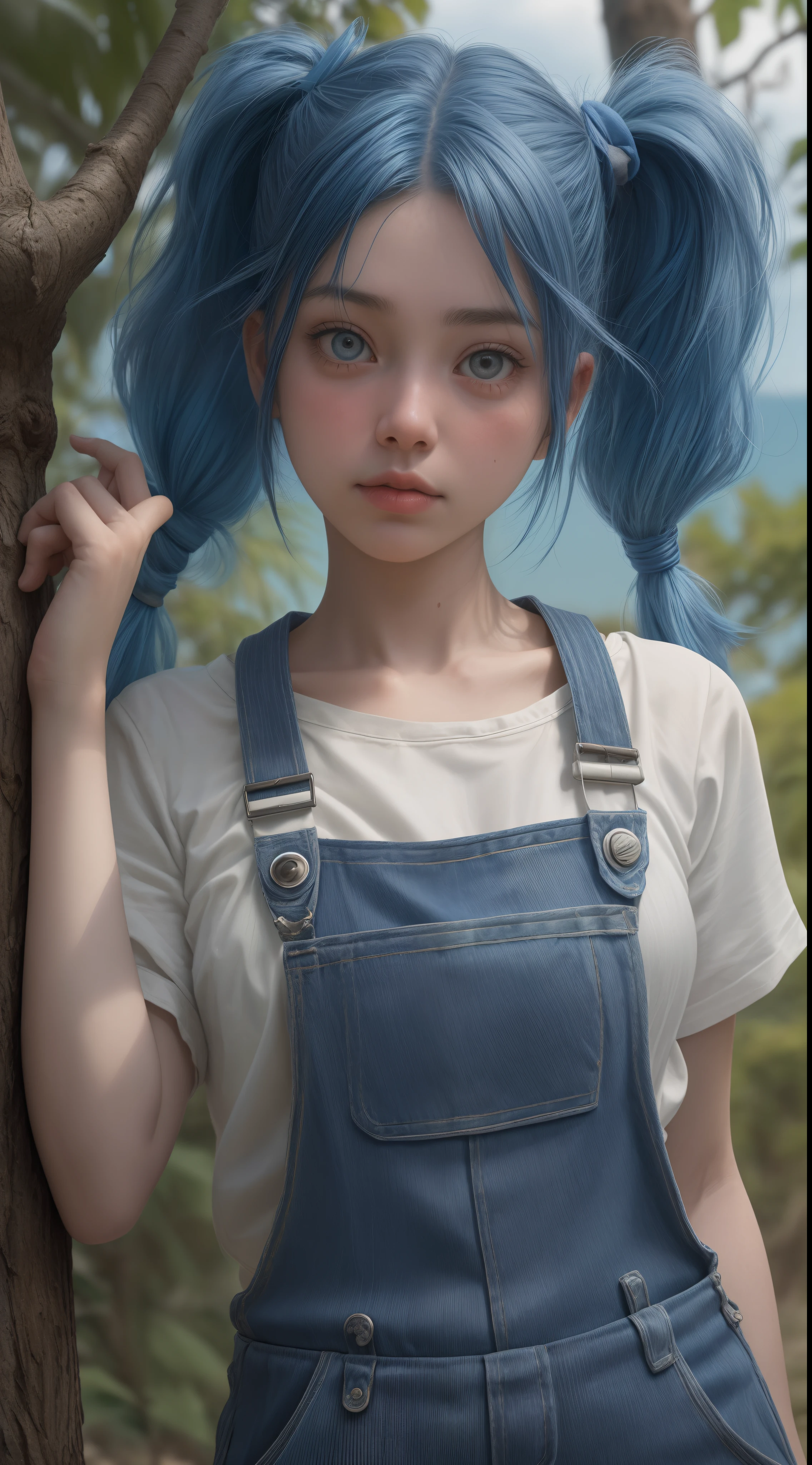 1 girl of 18 blue hair in overalls, on all fours on the floor looking at camera angle from close up,cabelo pigtails, seios grandes,na praia ensolarado,8k ultra realista