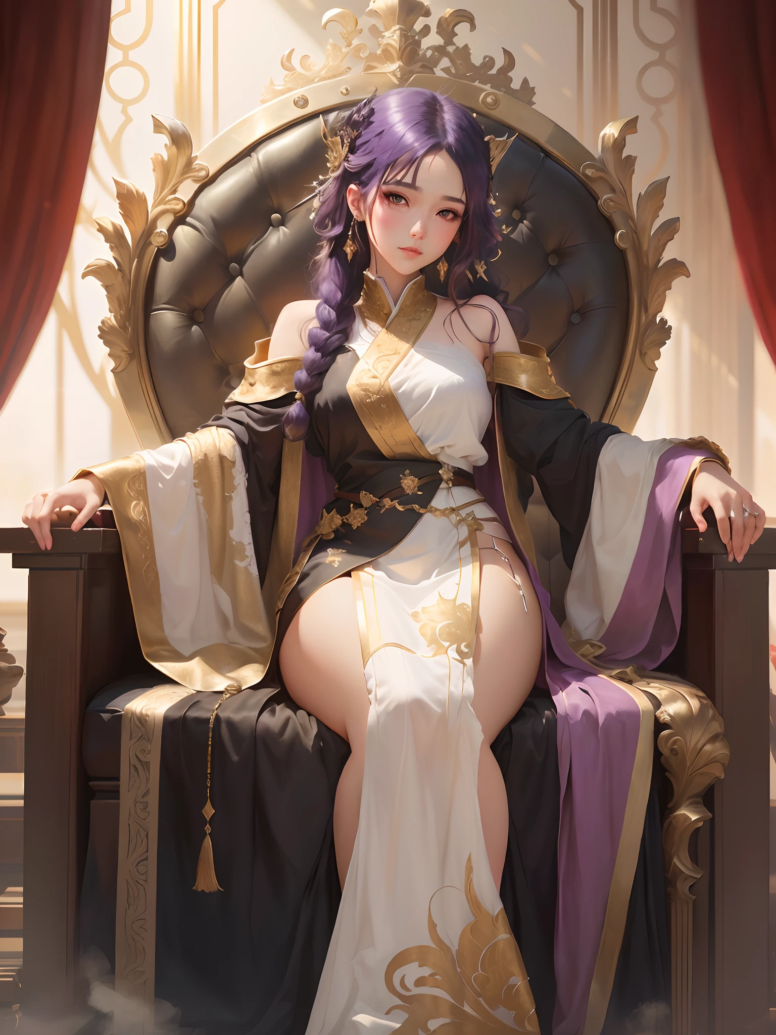 asian girl curly purple hair, mafia outfit, golden throne, fantasy world