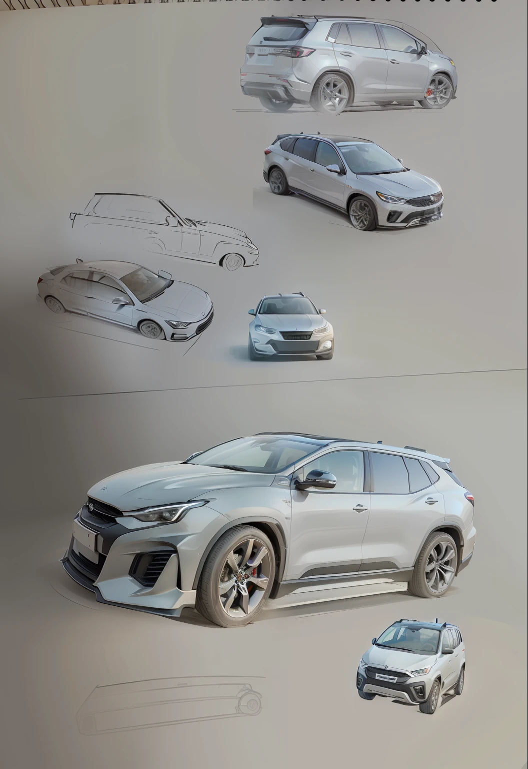 These are sketches of SUV cars. Make a realistic view of each one