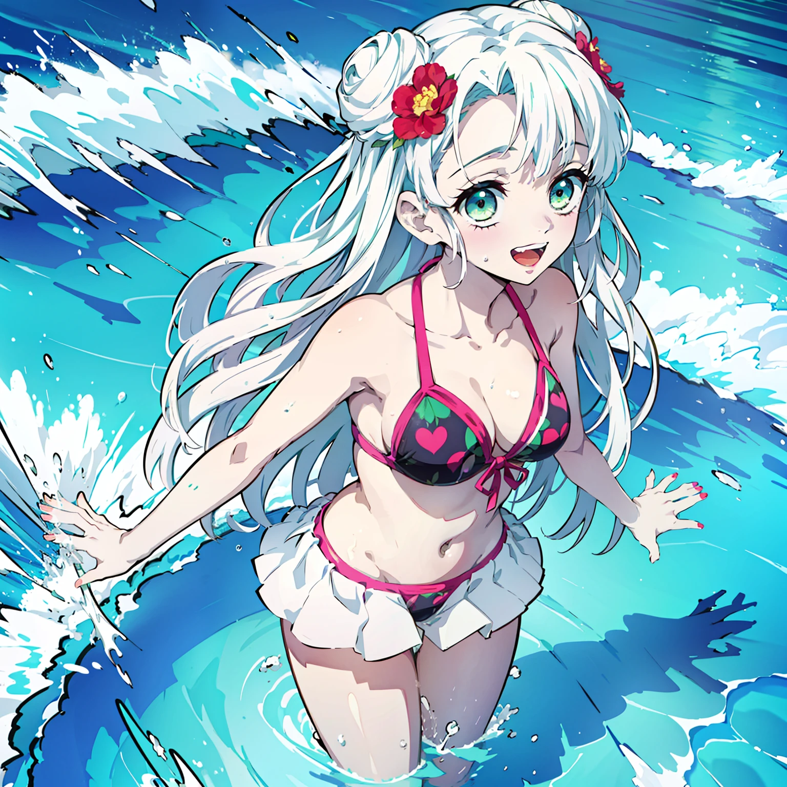 1girl, bathing suit, Jewelry, bikinis, Smile, Flat Breast, blusher, open mouth, hetero, Cloud, Hair Flower, couple, flower, Kimetsu no Yaiba style, (((1girl))), 独奏, green colored eyes, white colored hair, extra very long hair, double bun, (tmasterpiece), (beste-Qualit), (overdetalization),(messy hair),(illustartion), (a 1girl), (trendy clothes), stands, Model, looks at the viewer, (interview), (Simple background), beautiful detail eyes, Gentle beautiful face, soaring, (high saturation), (Colorful splashes), Colorful Bubble, (radiance), facial focus, (radiance), better lighting, better shadow, (tmasterpiece, hiquality, beste-Qualit)