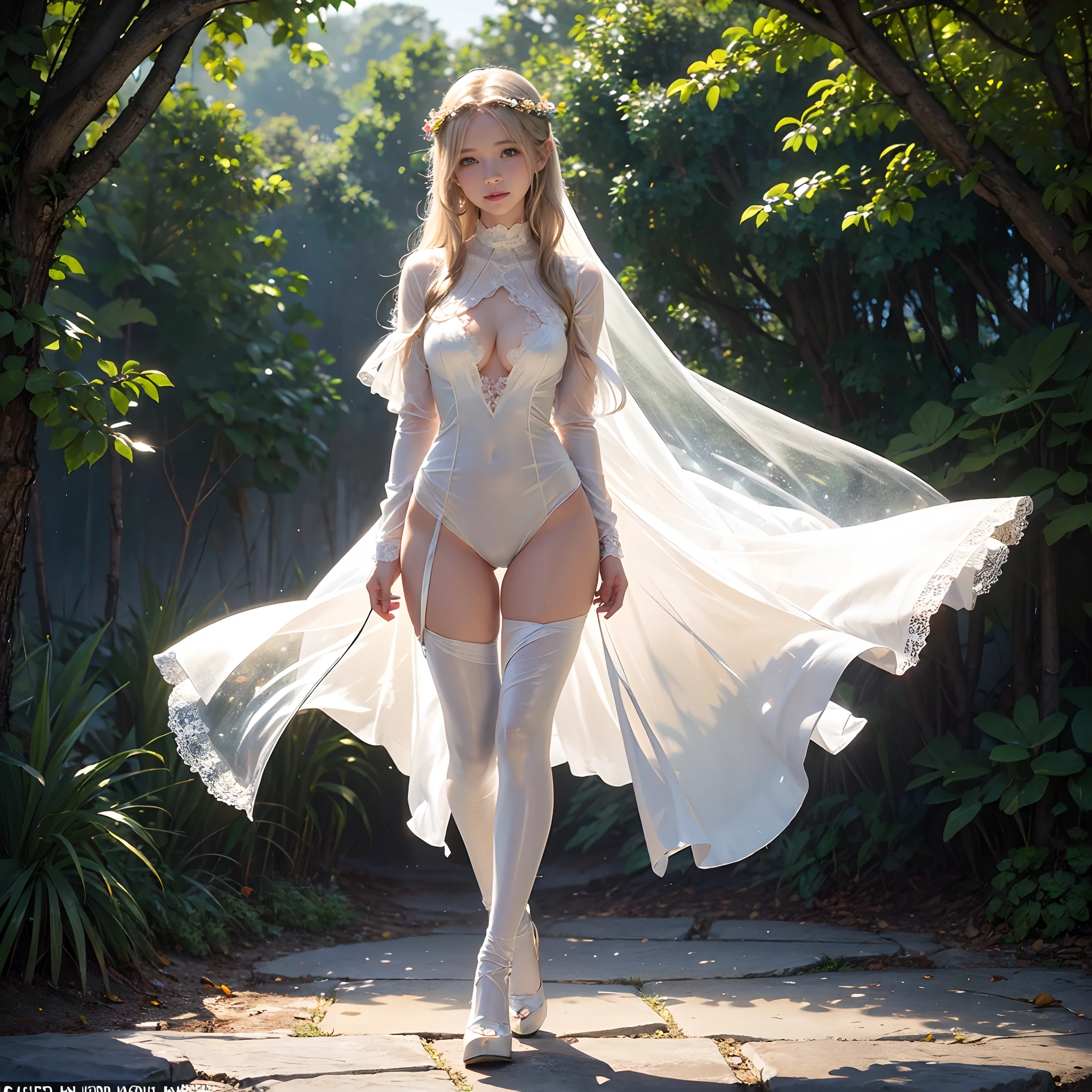 (((david hamilton:1.37))), Perfect eyes, 18 year old female twins, Real, Best Quality, Photorealistic, masutepiece, 8K, HDTV, (Detailed beautiful Face), (Soft lighting, Bokeh、wide Shots), (light Particle:1.3, Lens Flare, Luminescent particles: 0.6), (Dynamic Pose: 1.2), Forest Lakeside、(Dark dawn)、morning glow、(florals)、Flower wreath、butterflys、foggy、Strong wind is blowing、(Fantastic atmosphere)、Detailed wet porcelain skin textures、wet thin lace bodysuit、camel toe:1.3、Transparent veil, Standing, (((Full body:1.25))), gigantic cleavage、(Long hair), ((Twin-tailed)), a blond、Gal, ((Floating hair)), Kissing, Seductive smile, Slim skinny body, Luxury,