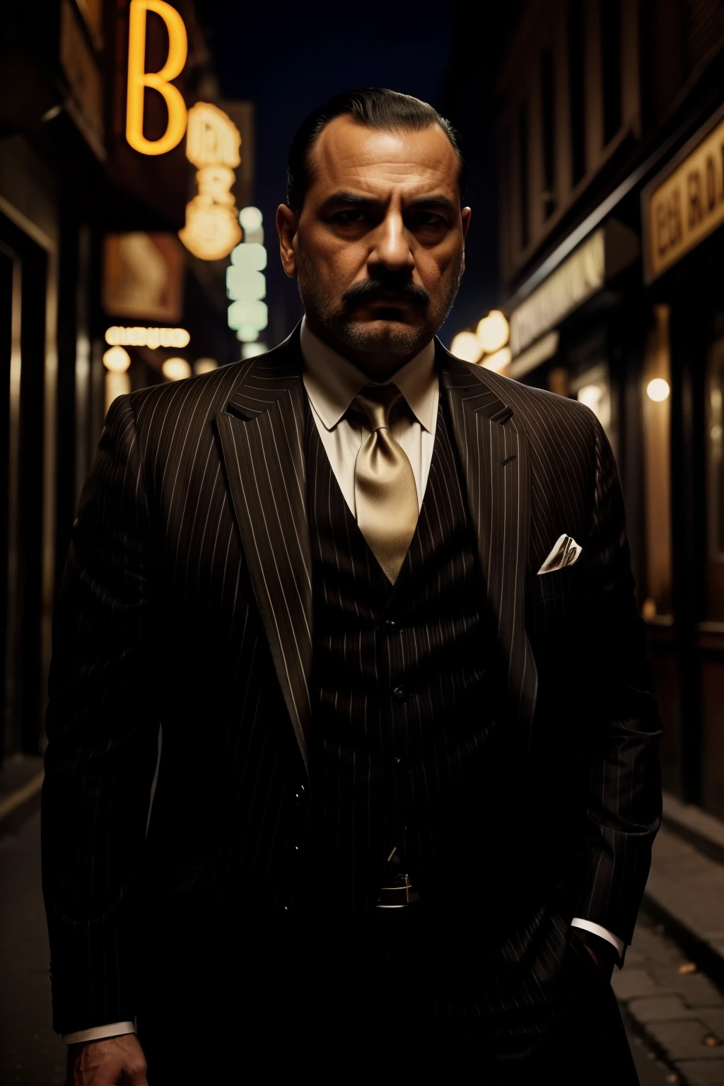 A imagem retrata um mafioso em um ambiente dos anos 1920. He's wearing an elegant striped suit, com uma gravata borboleta e um colete combinando. His well-groomed mustache accentuates his imposing appearance. He's standing, with a serious, confident expression on his face, while observing the scenery around you. The environment is a dark and narrow street, illuminated only by a few dim bulbs and the neon light of a bar plate in the background. The atmosphere is mysterious and full of suspense, reflecting the typical climate of the clandestine activities of the mafia at the time.