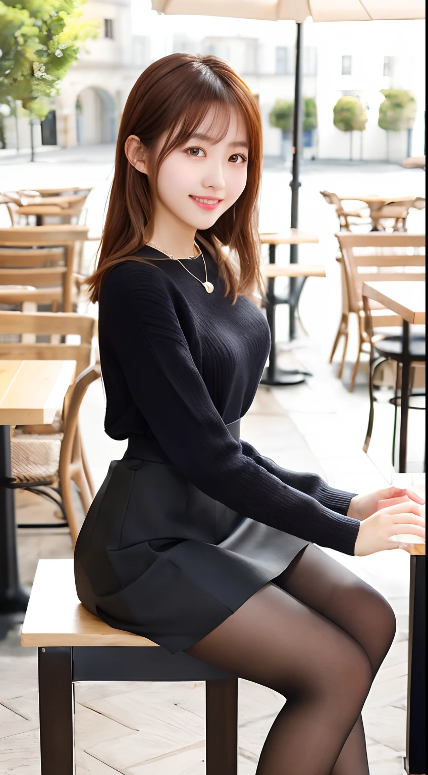 8k uhd, dslr,film grain, Fujifilm XT3,(best quality:1.3), (masterpiece:1.1), high resolution, cinematic light, intricate details, (photorealistic),outside,beautiful outside,sunny,
korean girl,(in cafe:1.5) , dimples, bobcut, looking at viewer, detailed trees, ribbons, bowties, bare shoulders, ribbed sweater, 
pencil skirt, high-waist skirt, head rest, sitting, indoors,
 necklace,black pantyhose, sheet transportation sweater, (smile),(full body:1.6),slender,