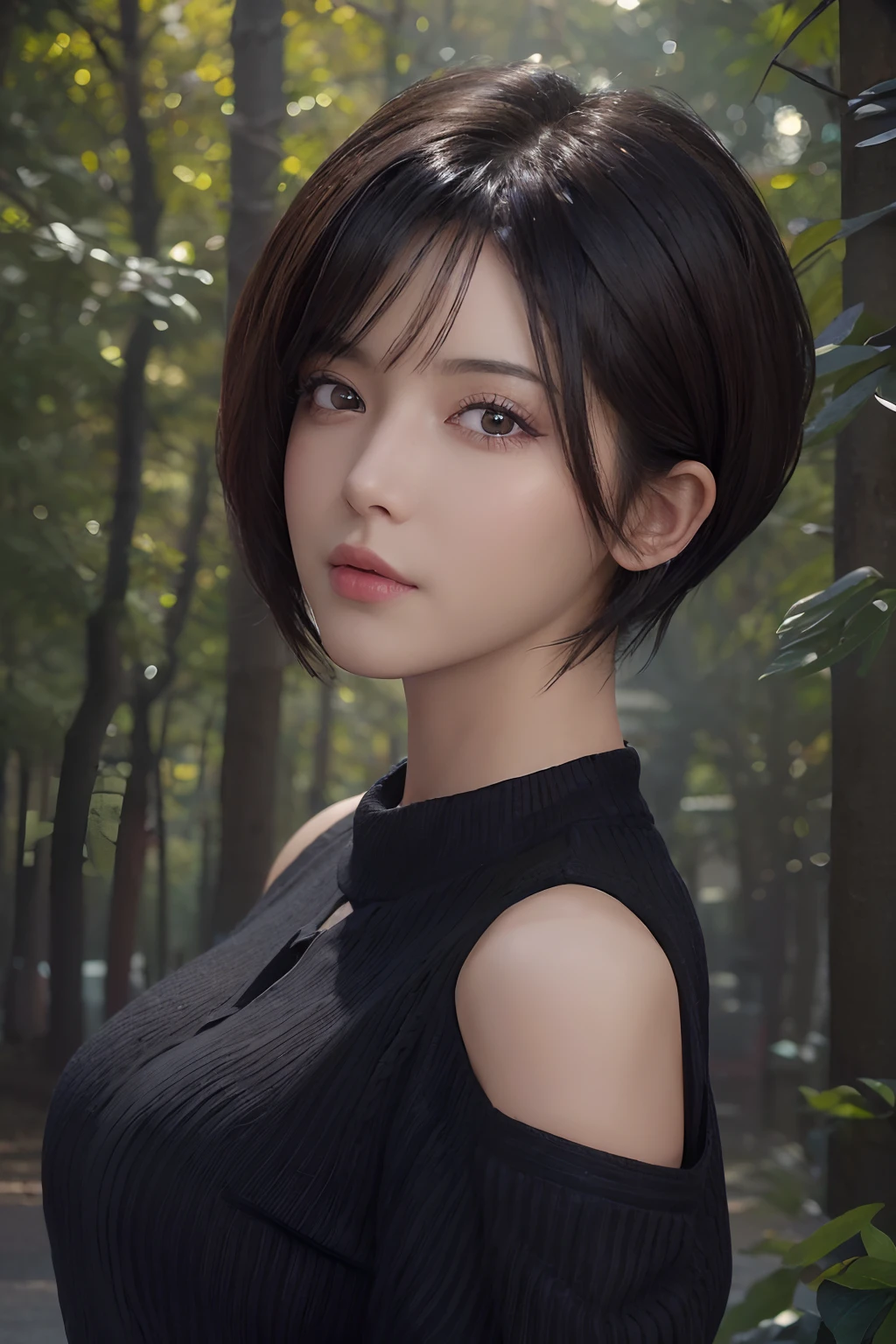 (masterpiece:1.3), (8k, photorealistic, RAW photo, best quality: 1.4), (1girl), beautiful face, (realistic face), (black hair, short hair:1.3), beautiful hairstyle, realistic eyes, beautiful detailed eyes, (realistic skin), beautiful skin, (sweater), absurdres, attractive, ultra high res, ultra realistic, highly detailed, golden ratio