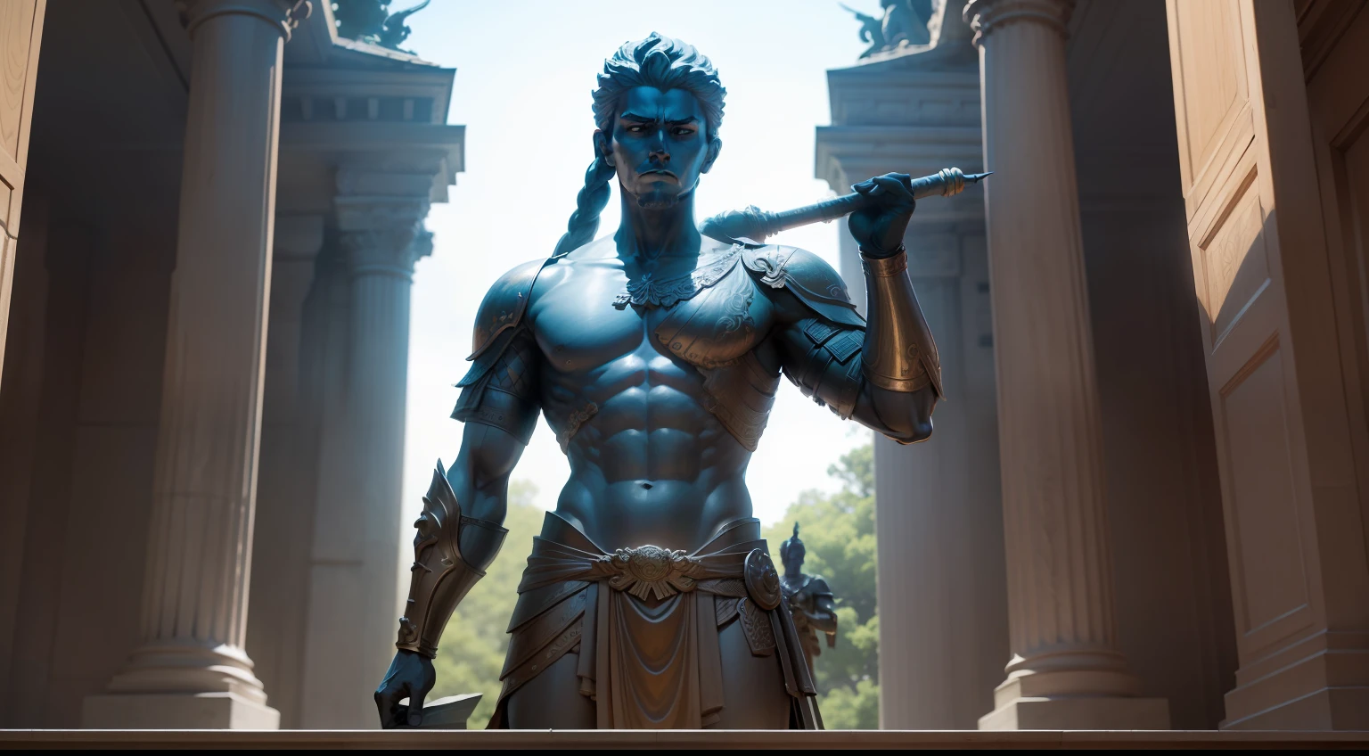 Capture an image of a statue of a Stoic warrior in a pose of readiness and vigilance, Transmitting strength and determination.
