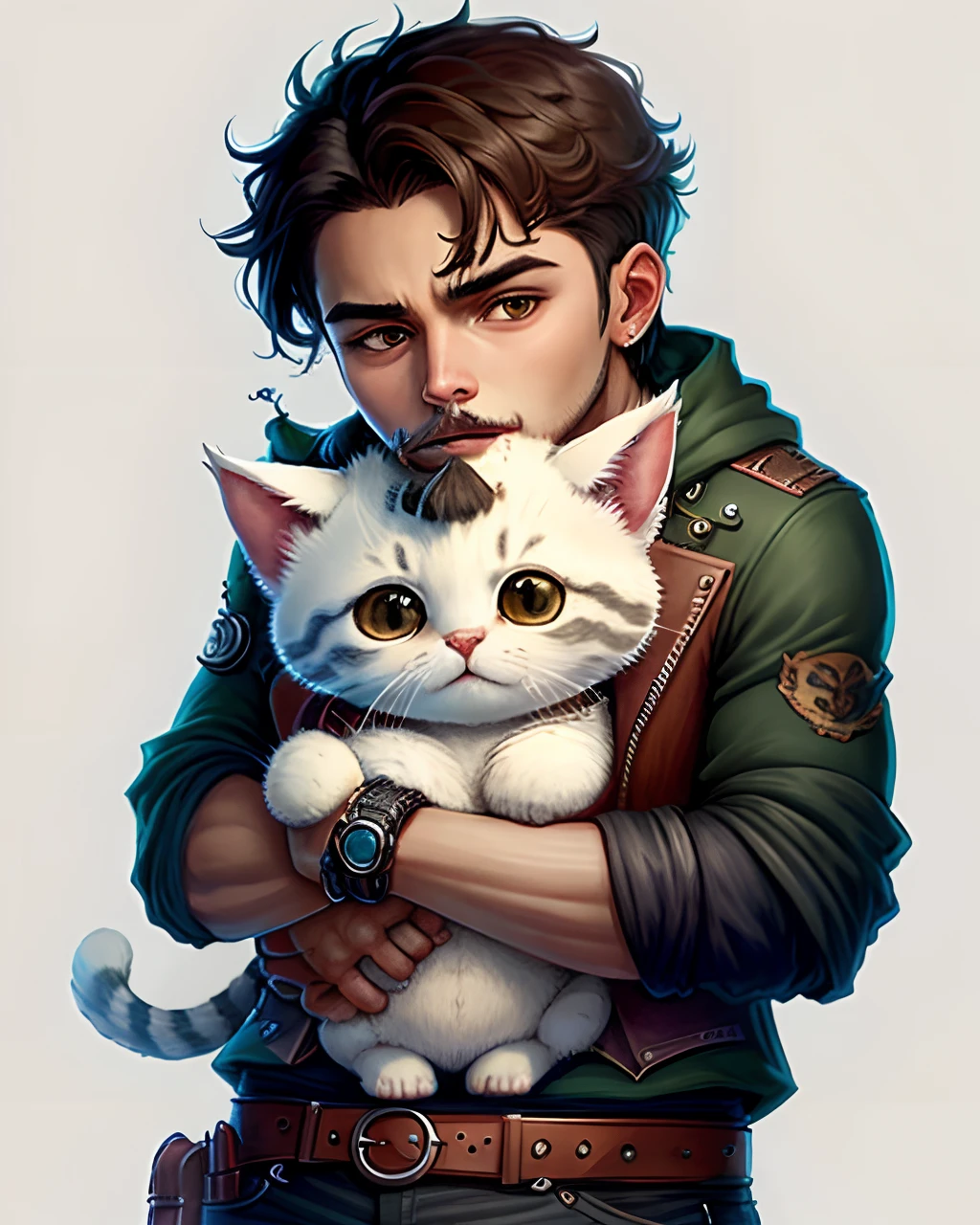 Crie um desenho de um gatinho branco no estilo chibi com usando um capa preta com capuz cobrindo metade do seu rosto