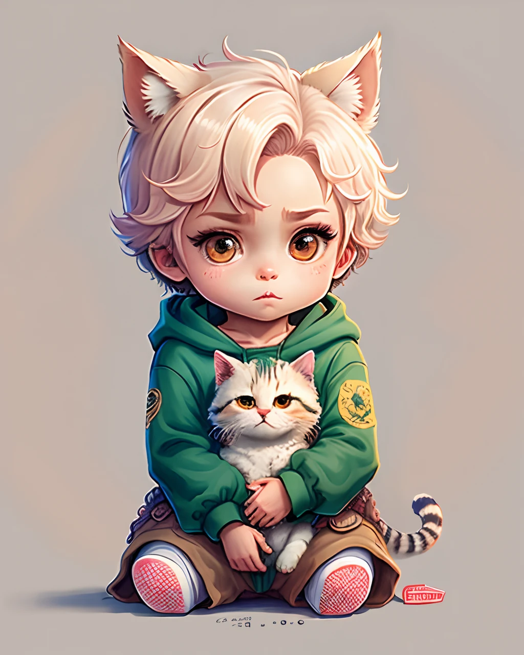 Crie um desenho de um gatinho branco no estilo chibi com usando um capa preta com capuz cobrindo metade do seu rosto