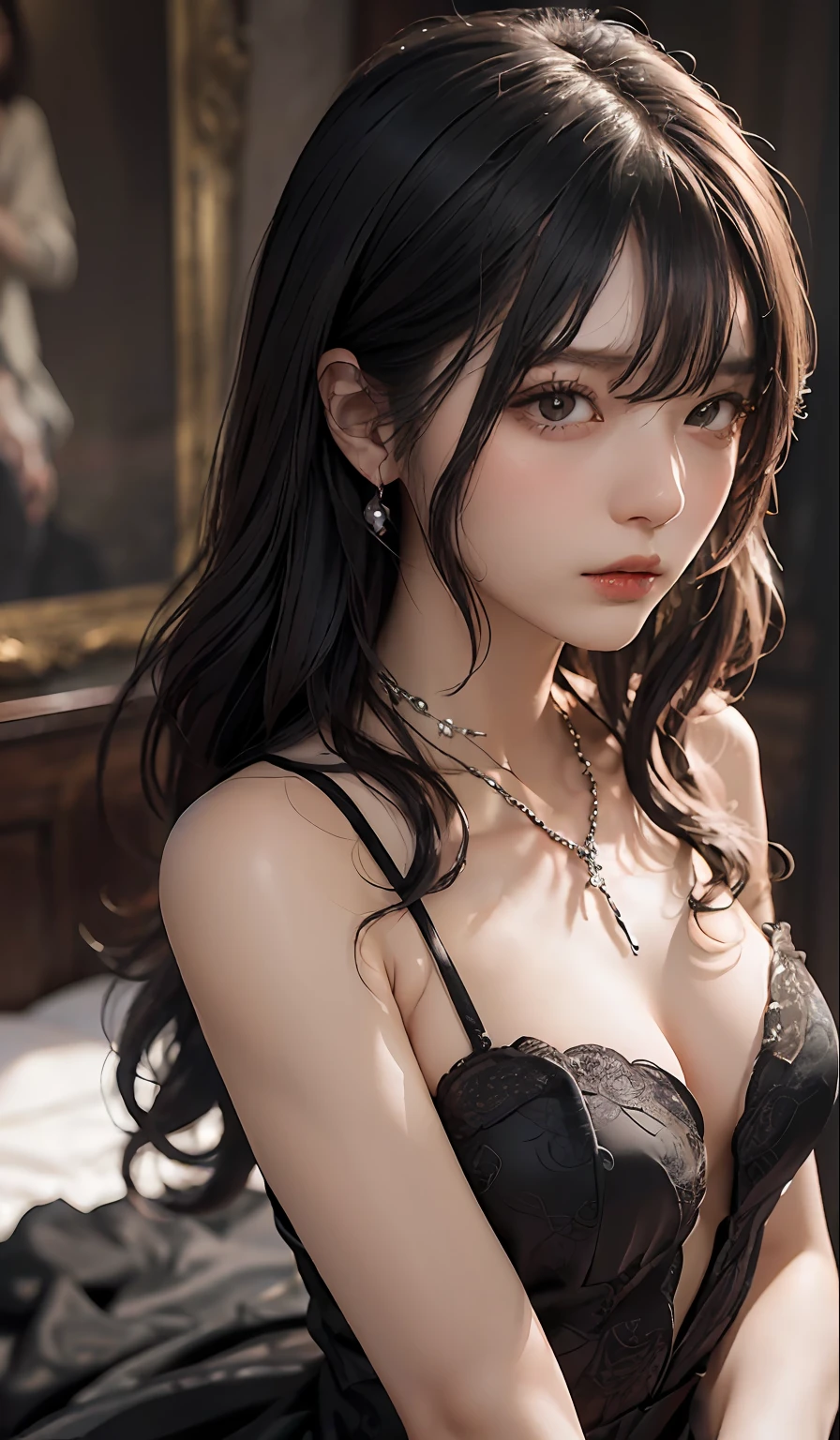 ((top-quality、​masterpiece:1.3))、sharp:1.2、Perfect Body Beauty:1.1)、Highly detailed facial and skin texture、Detailed eye、Fantasia、(Pure black dress:1.3)、(chains:1.3)、二重まぶた、((Longhaire:1.5))、(dark brown  hair)、(well-groomed bangs:1.2)、((One Woman))、fantasy castle、tying  hair、Black Princess、darkened room、Darkness Falls、The Princess Who Turned Evil、Fallen into evil、Evil Princess、a necklace、Luxurious ornaments、