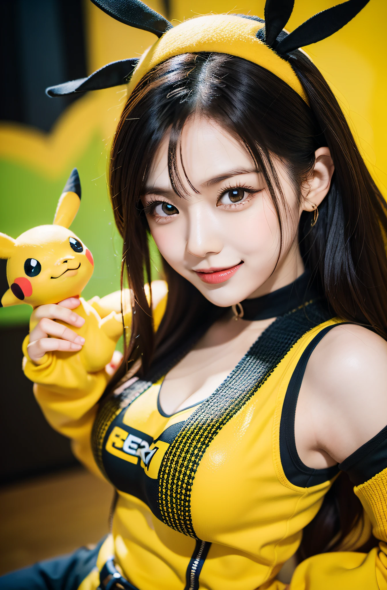 a woman in a yellow bikini and yellow gloves posing, senna from league of legends, pikachu as a human, misty from pokemon, sfw version, 3d anime girl, anime styled 3d, megaman as pikachu, realistic anime 3 d style, 3 d anime realistic, brigitte from overwatch, lovely brigitte from overwatch, rendered in sfm, pikachu