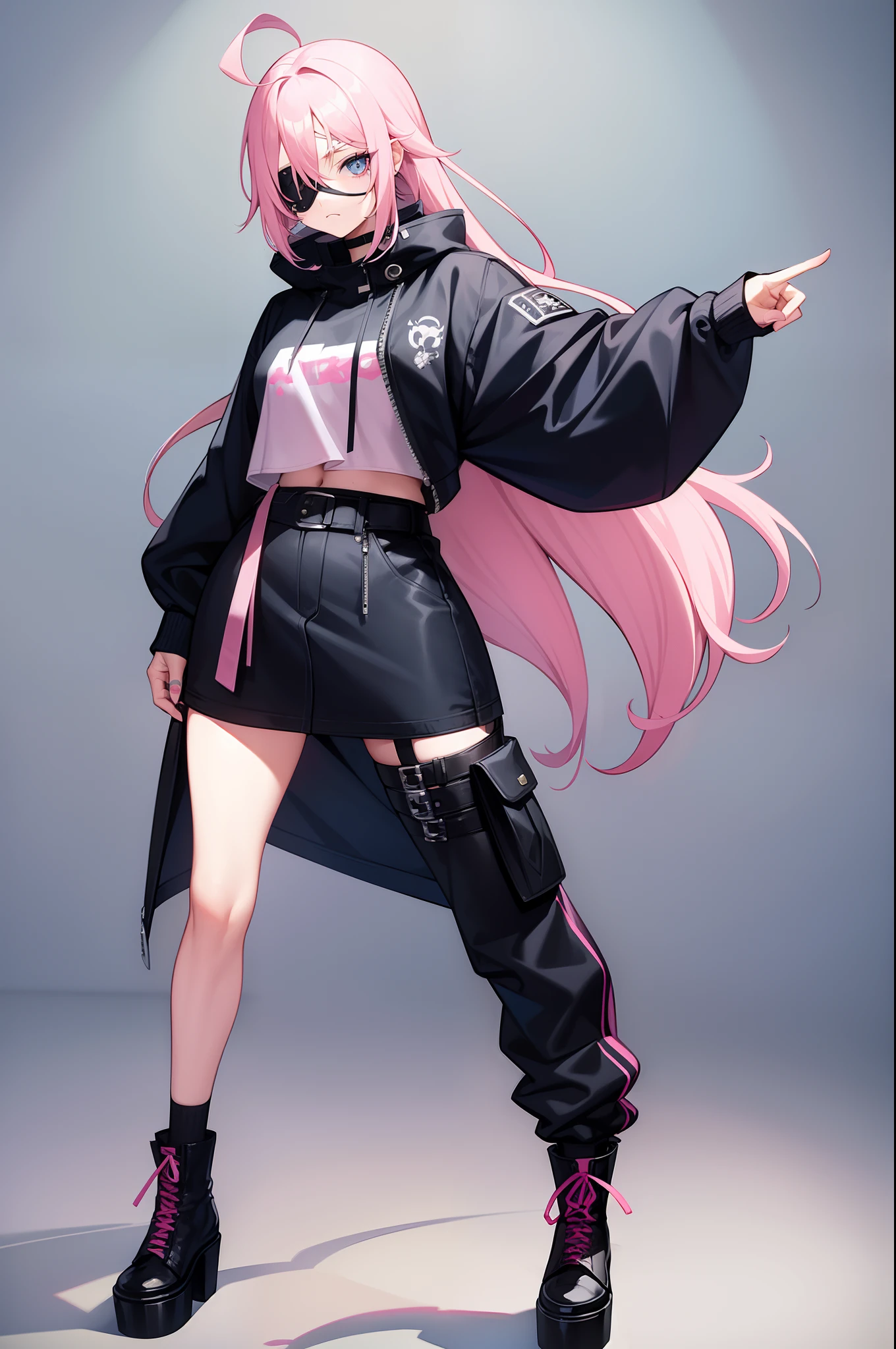 Woman, pastel pink hair, solo, long pony hair, outfit rock punk, dull blue eye, left eye covered by an eyepatch, full-body, cute pose