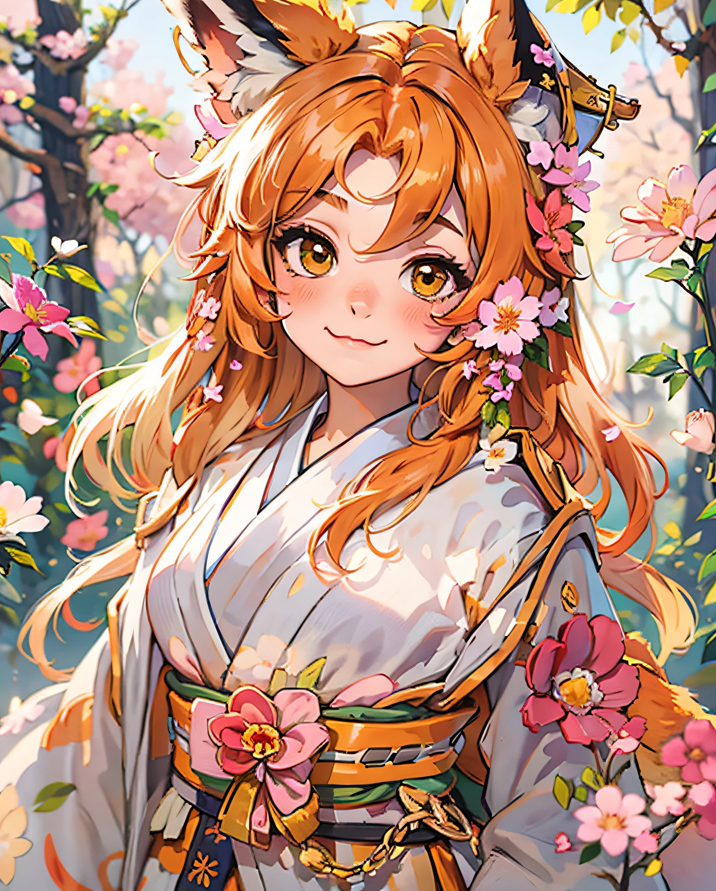 masterpiece, best quality, highly detailed, 1girl, solo, (:3:1.1), animal ear fluff, animal ears, orange hair, fluffy hair, blush, brown eyes, flower, fox ears, fox girl, gradient, gradient background, hair flower, hair ornament, japanese clothes, kimono, looking at viewer, miko, smile, solo, white kimono, beautiful lighting, (Alena Aenami:1.3)