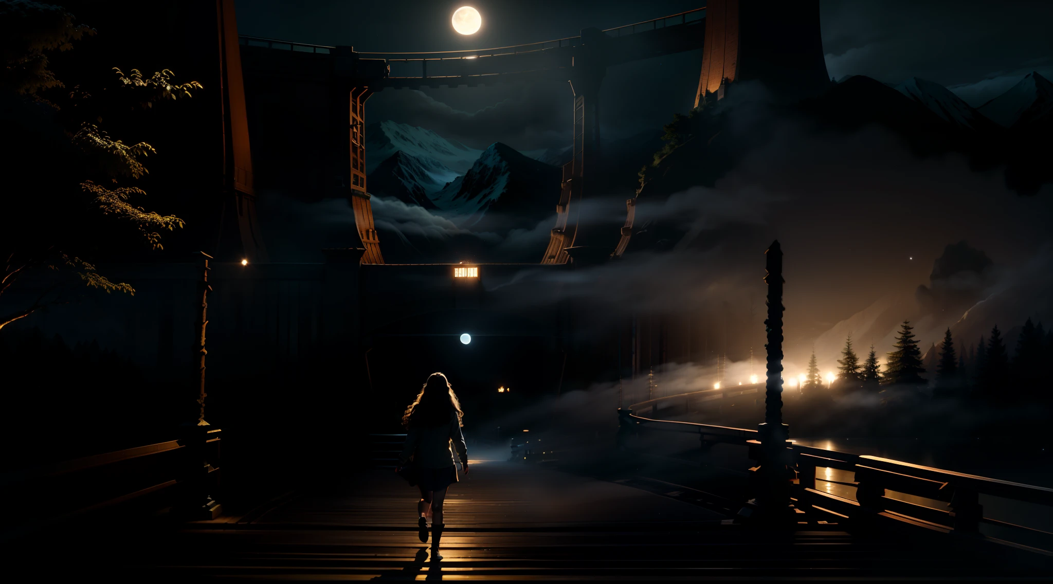 a forest at night with a large wooden bridge between the trees and the mountains, a bright moon in the sky and fireflies and lights among the trees and a mist on the ground with a long-haired woman walking over the bridge